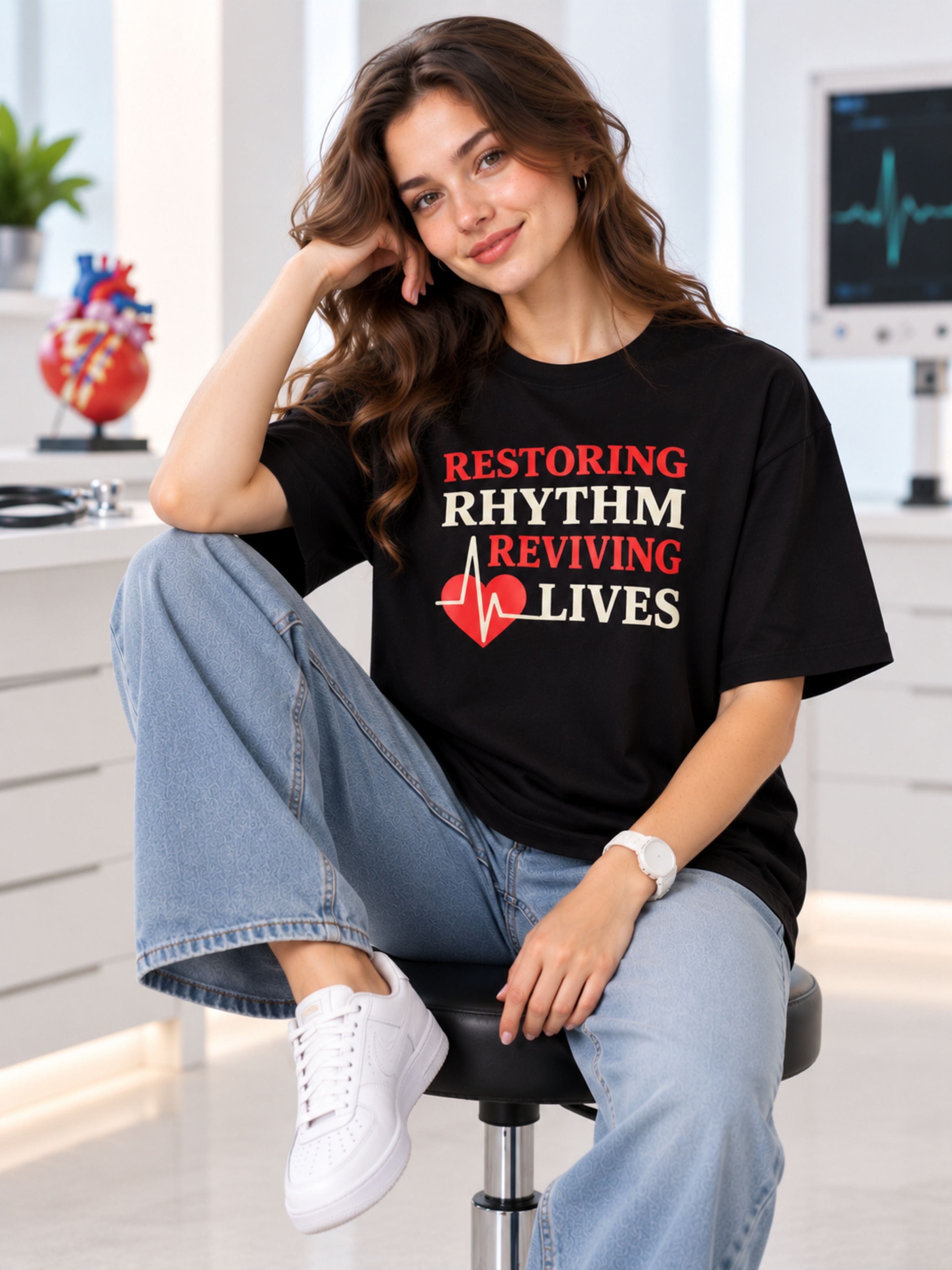 Cardiologist Printed T-shirt For Women oversized fit black tee with heart health graphic
