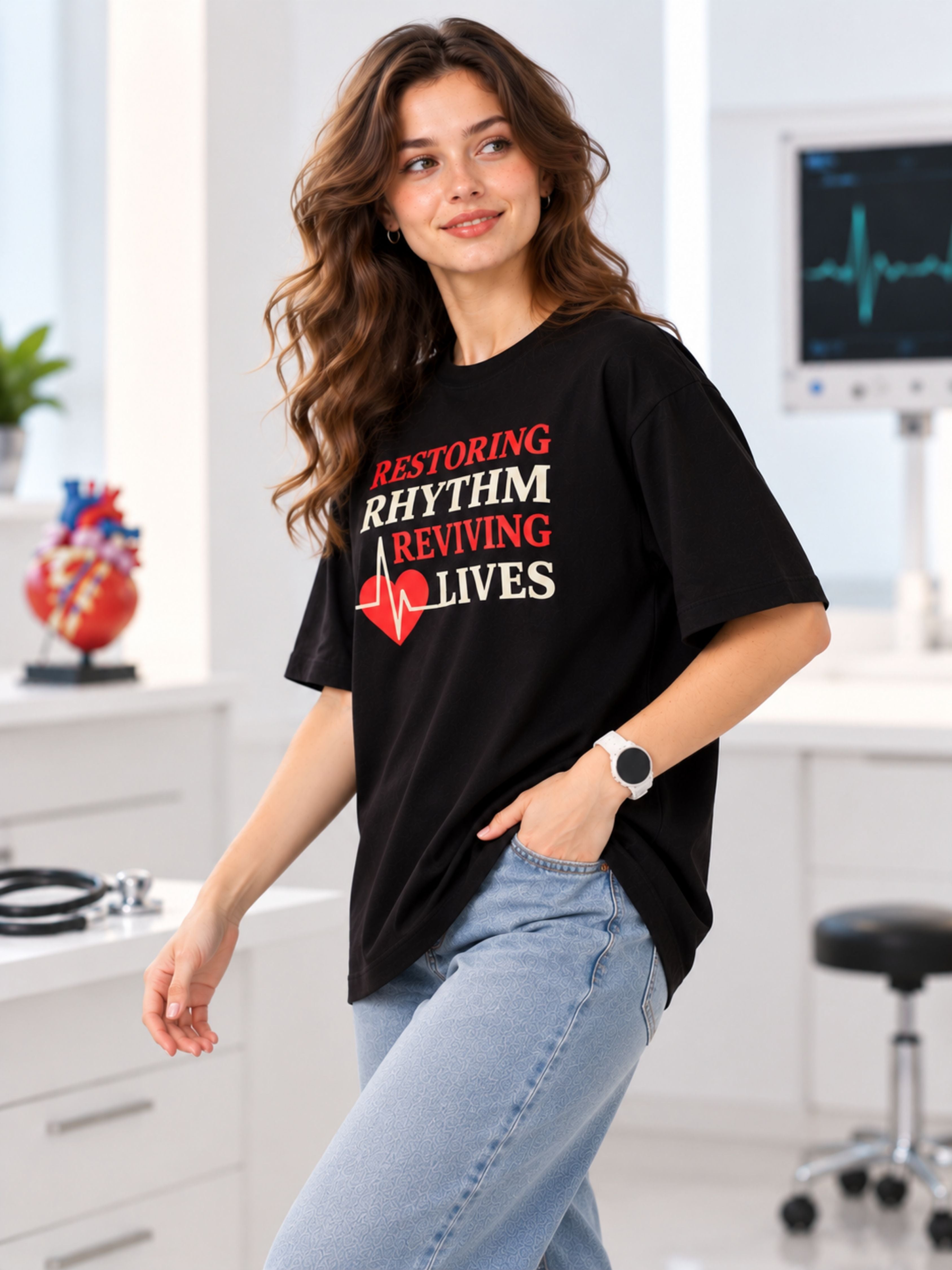 Woman wearing a black oversized Cardiologist Printed T-shirt For Women with medical heartbeat design