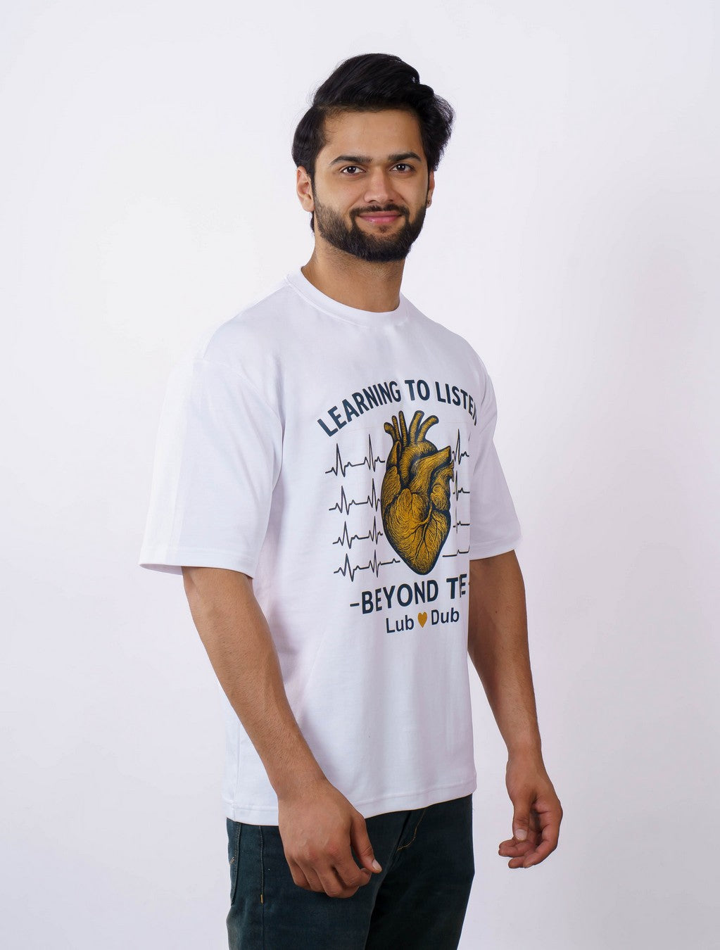 Bandar Baant Collections oversized Cardiologist Printed Tshirt For Men in white with heart design