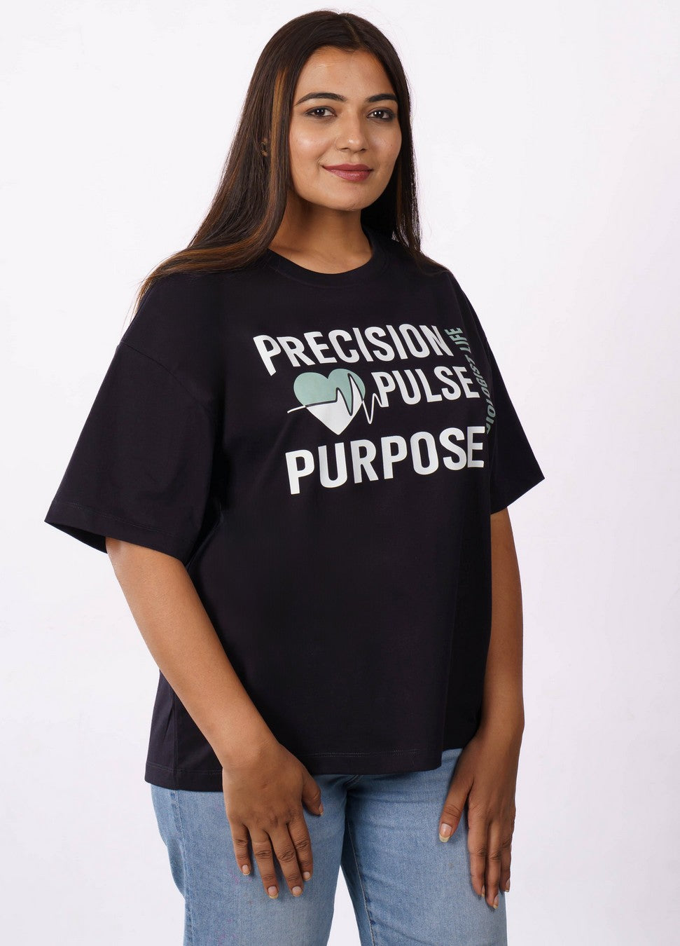 Oversized fit Cardiologist Printed Tshirt For Women in black with precision pulse purpose design