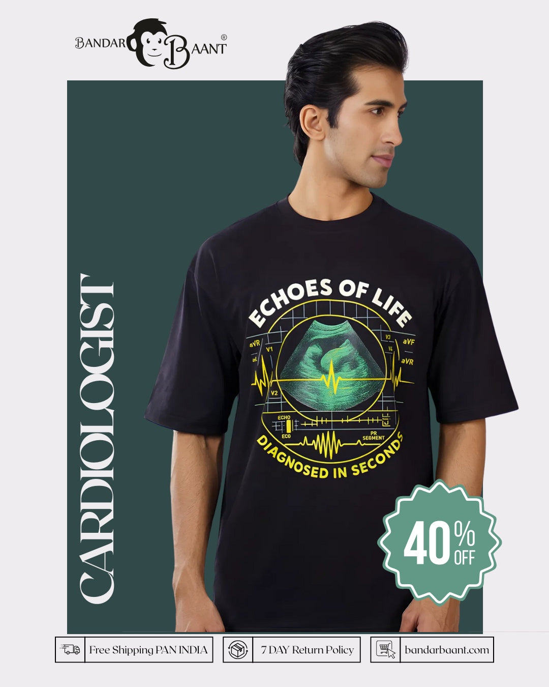 Bandar Baant Collections oversized fit Cardiologist Quote Tshirt For Men in black with ultrasound and heartbeat design