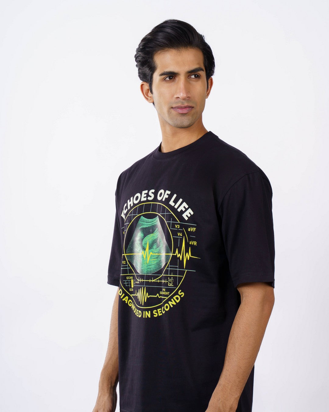 Bandar Baant Collections oversized Cardiologist Quote Tshirt For Men in black with heart and ECG graphic