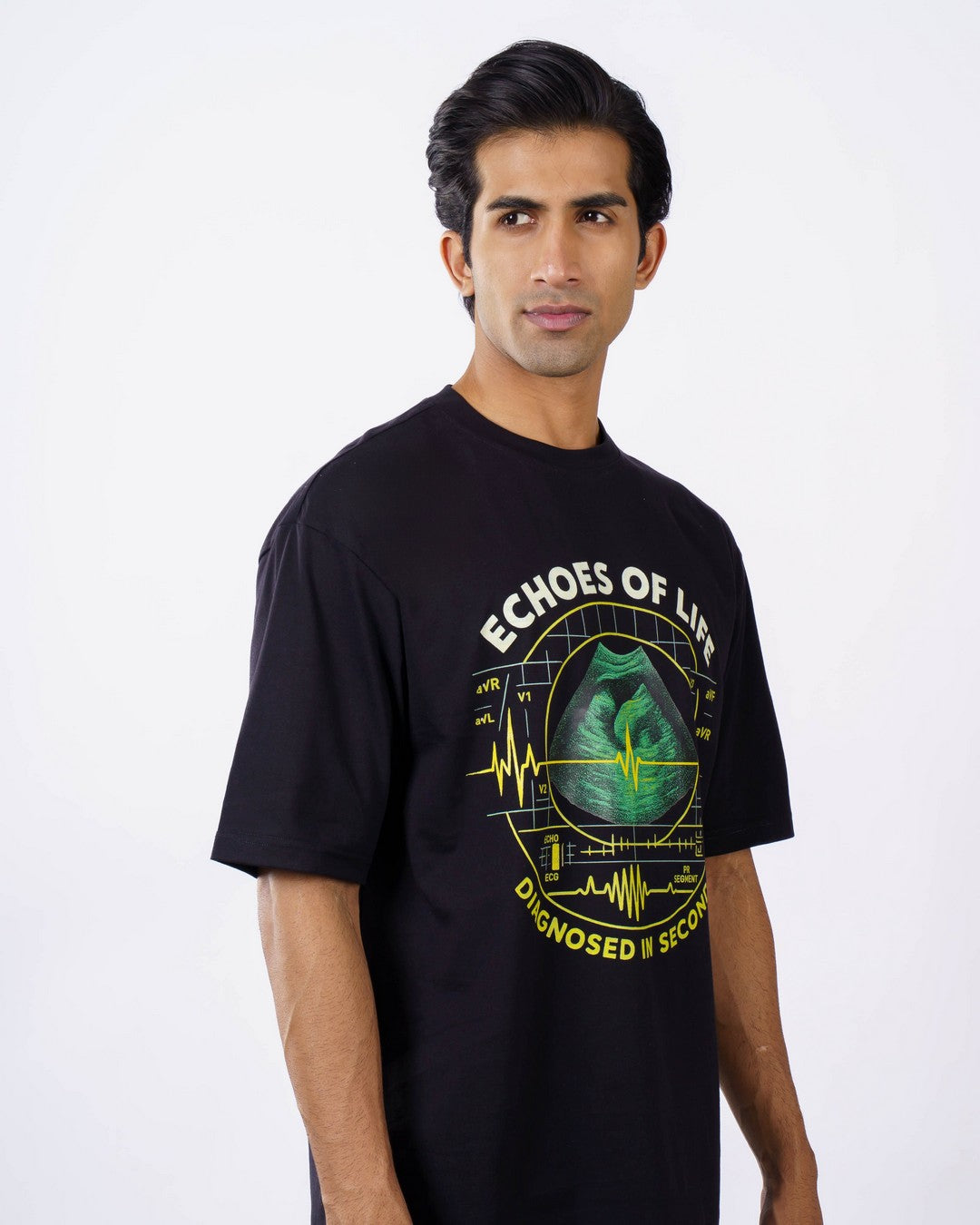 Black oversized fit Cardiologist Quote Tshirt For Men with heartbeat and anatomical heart graphic