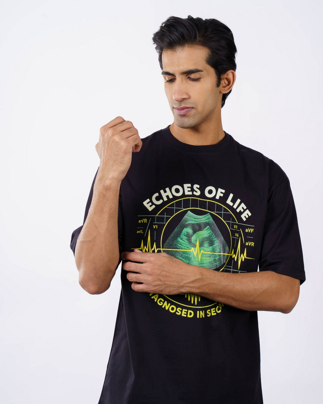 Oversized fit Cardiologist Quote Tshirt For Men in black with heart ultrasound graphic and echo life design