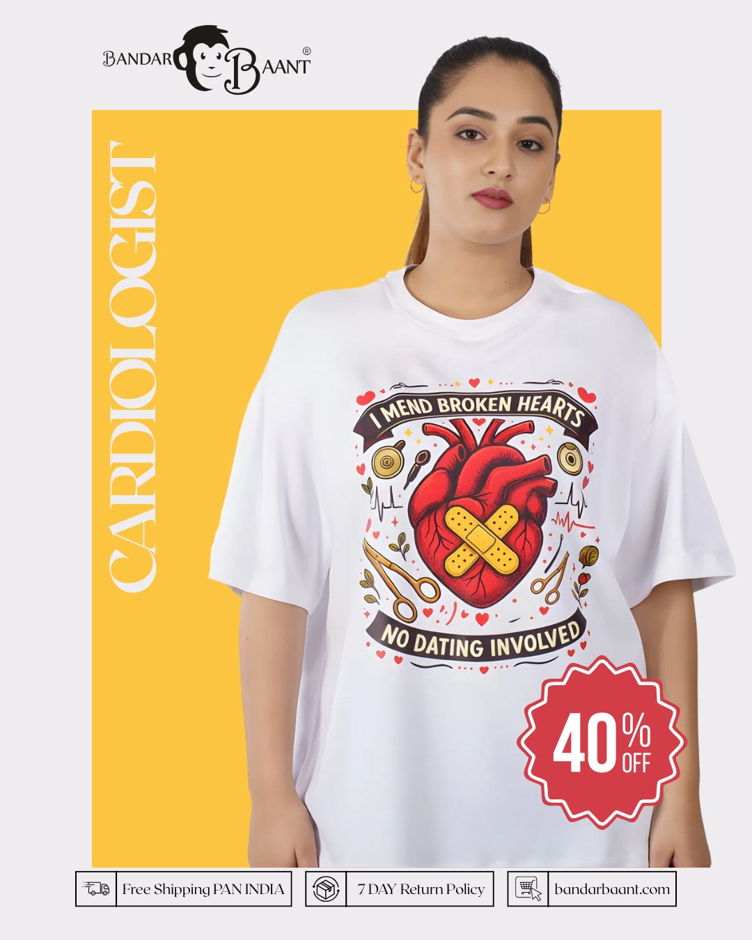 Bandar Baant Collections oversized Cardiologist T-shirt For Women with heart graphic and text design