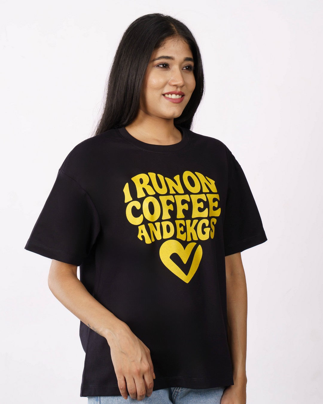 Bandar Baant Collections Cardiologist Trendy Tshirt For Women oversized fit black tshirt with yellow coffee print
