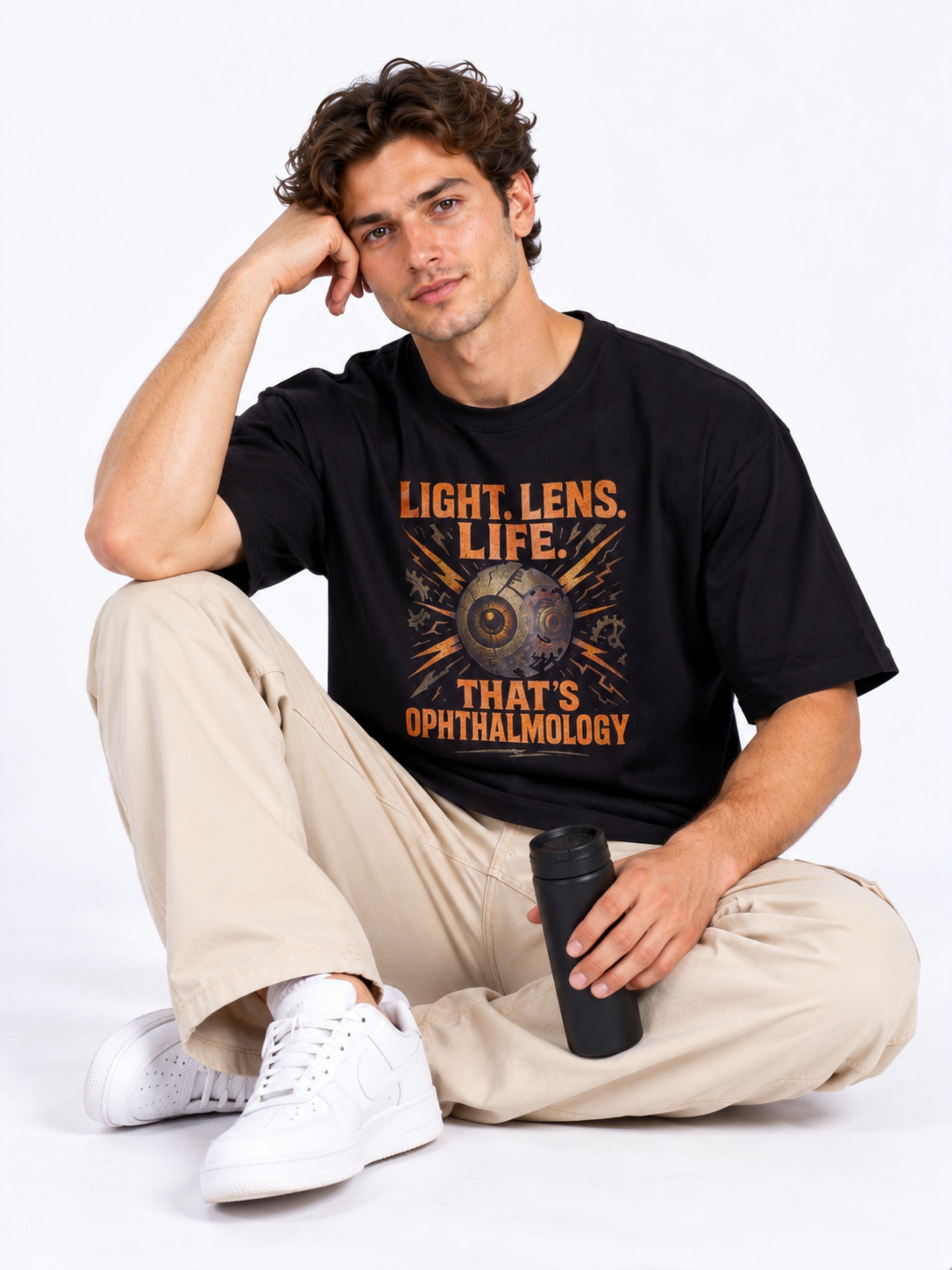 Oversized fit Opthalmologist T-shirt For Men in black with light lens life graphic worn by seated man