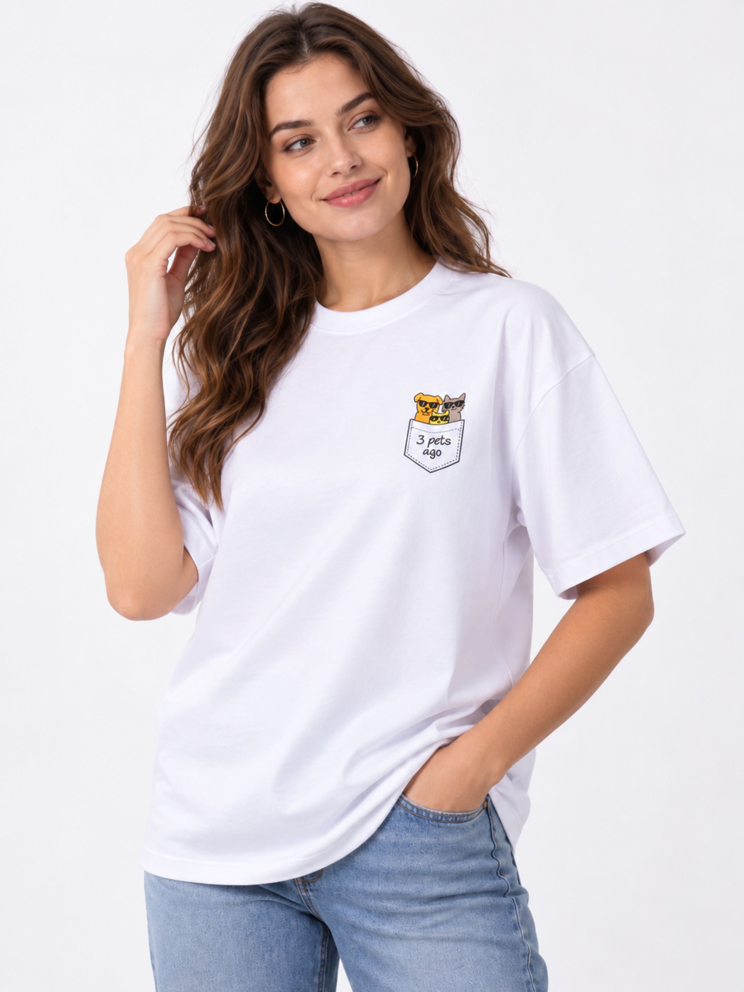 White oversized fit Pet Lovers T-shirt For Women with pocket print of three pets by Bandar Baant Collections