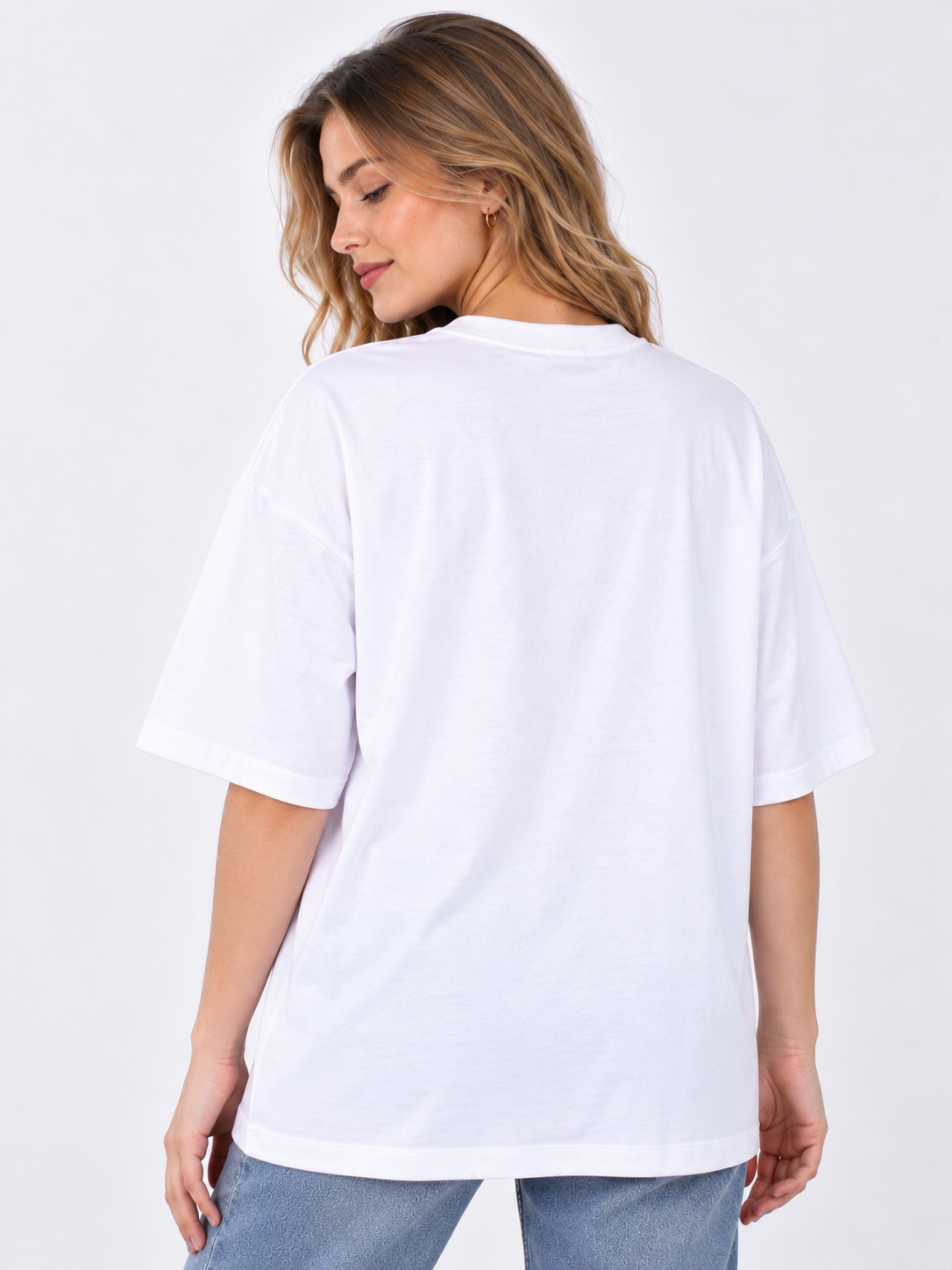 Back view of oversized fit Cat Lovers T-Shirt For Women in white by Bandar Baant Collections