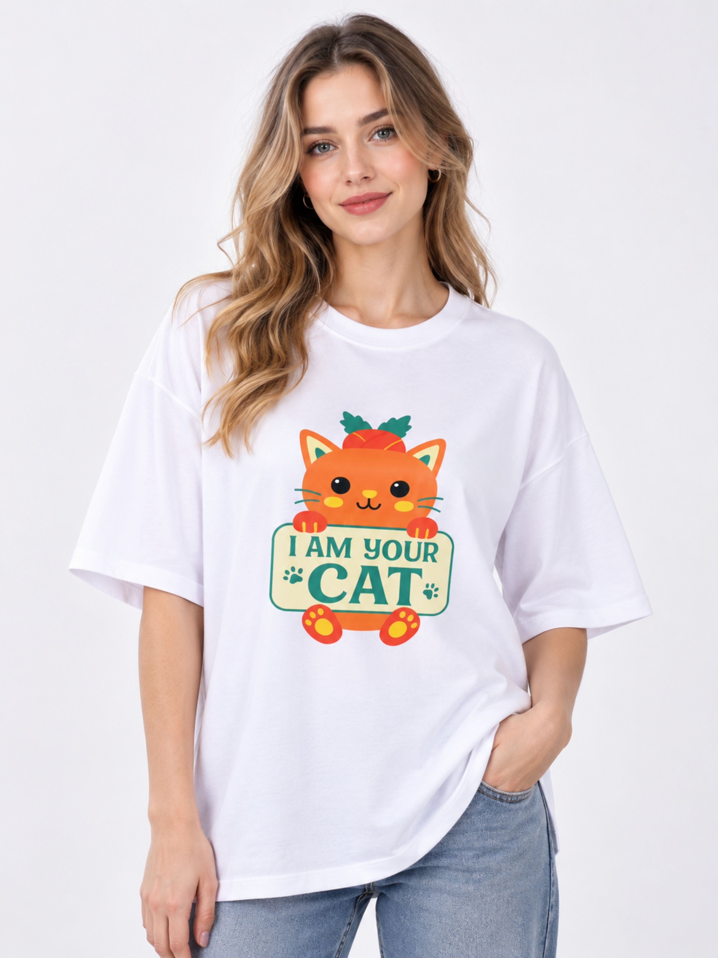 Cat Lovers T-Shirt For Women oversized fit white tshirt with cute orange cat graphic and I am your cat text