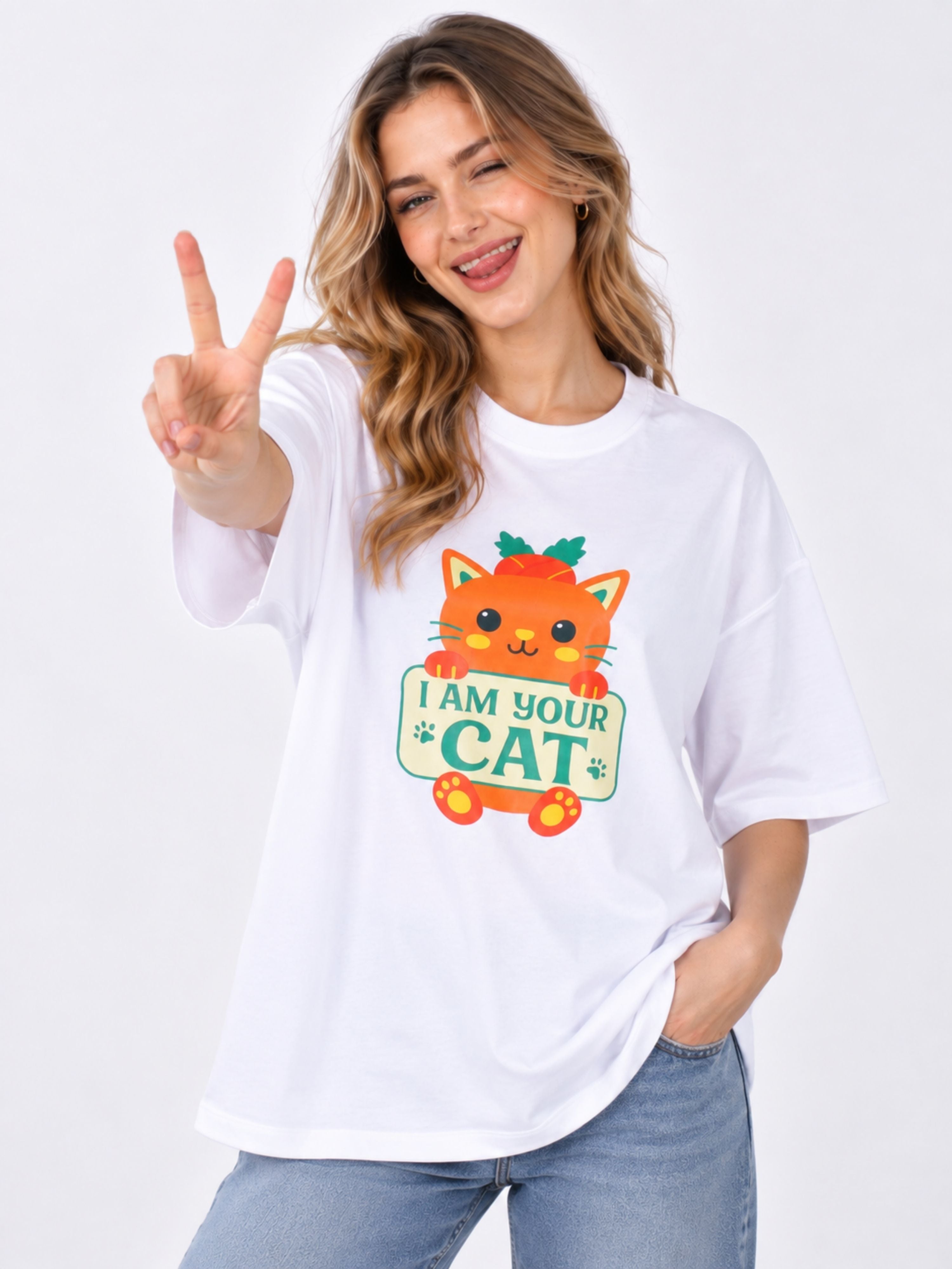 White oversized fit Cat Lovers T-Shirt For Women with cute orange cat graphic and text I am your cat