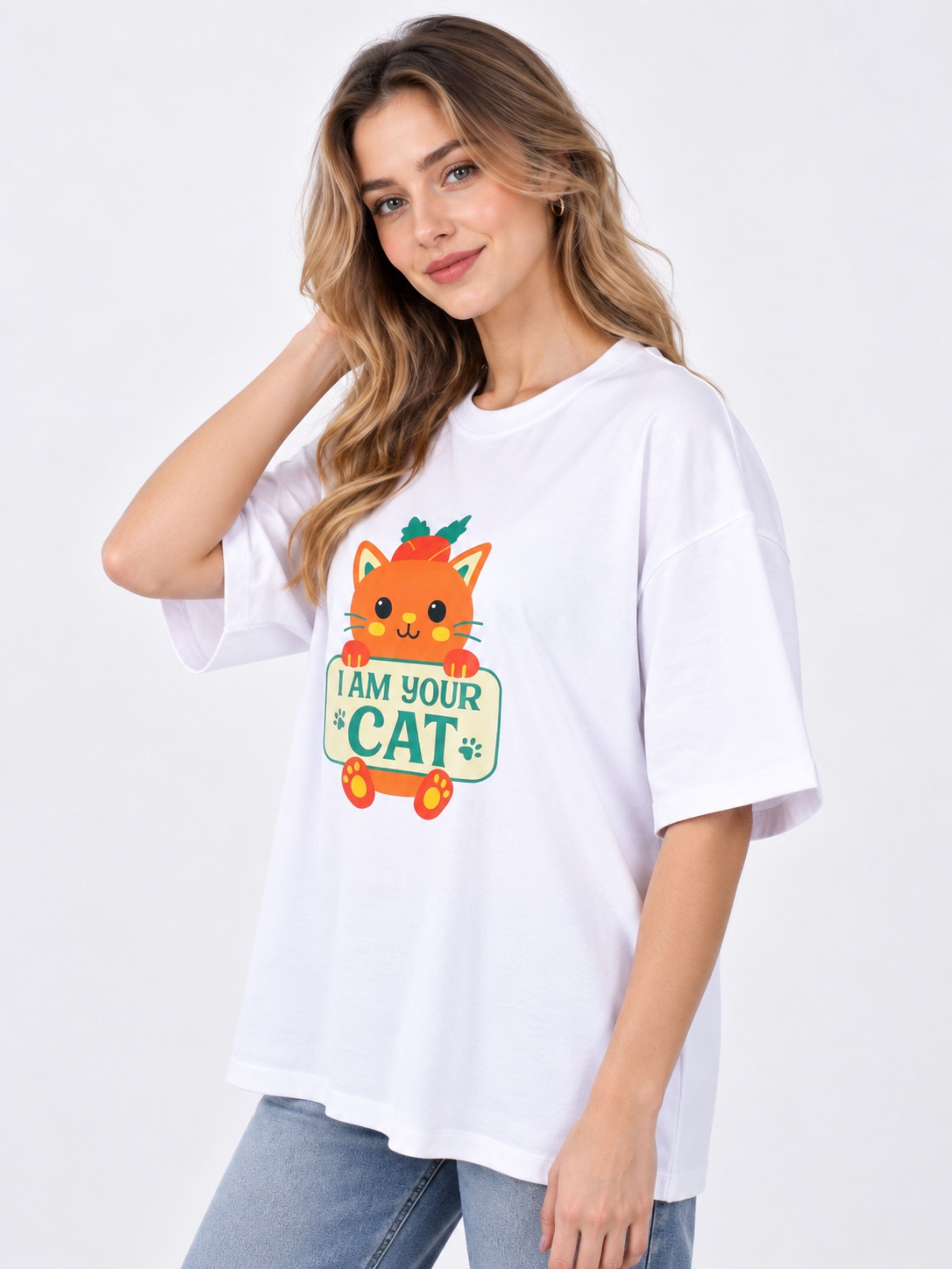 Oversized fit white Cat Lovers T-Shirt For Women with cute cat graphic and I am your cat text