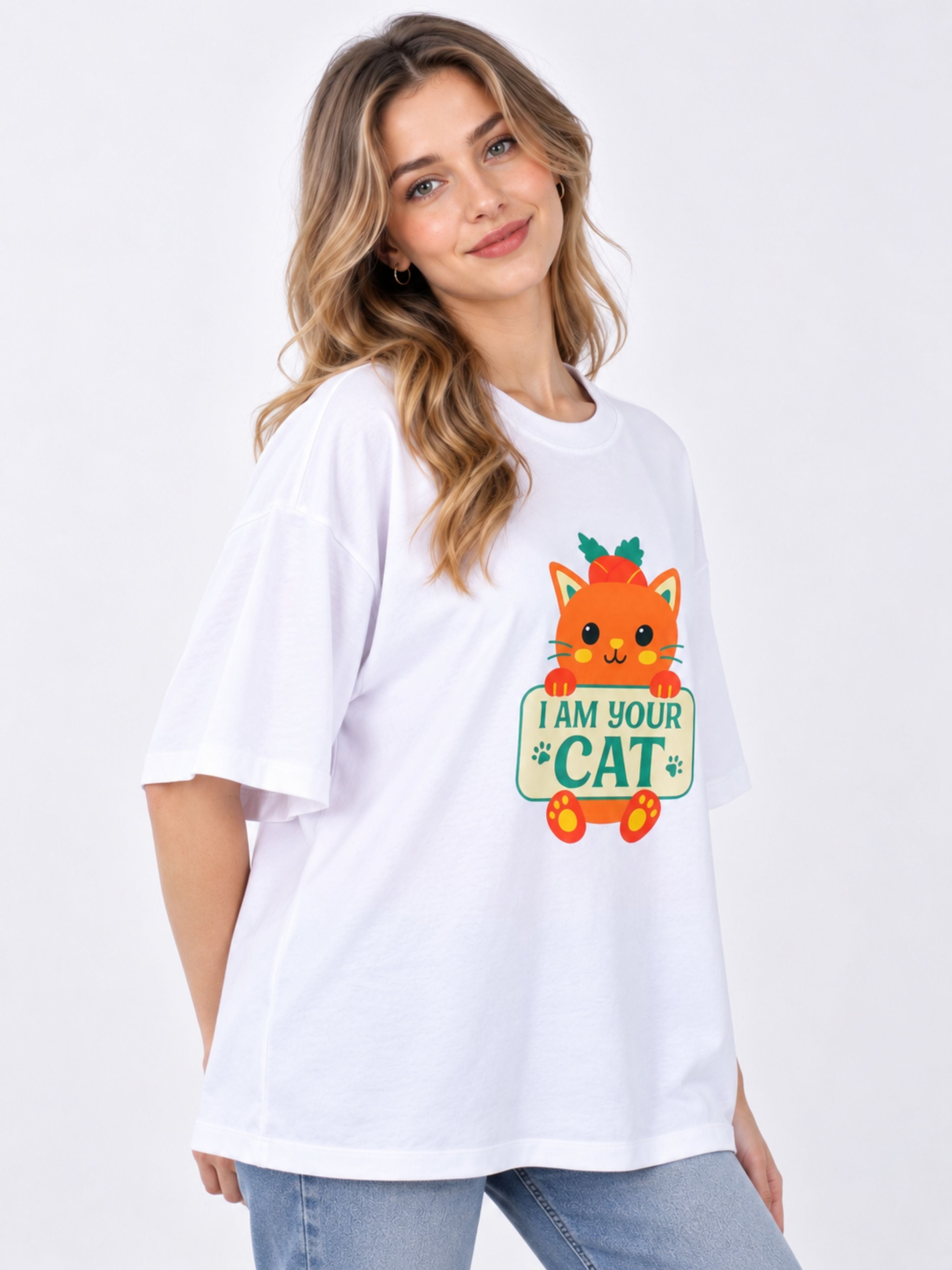 Oversized fit Cat Lovers T-Shirt For Women in white with cute orange cat graphic and I am your cat text