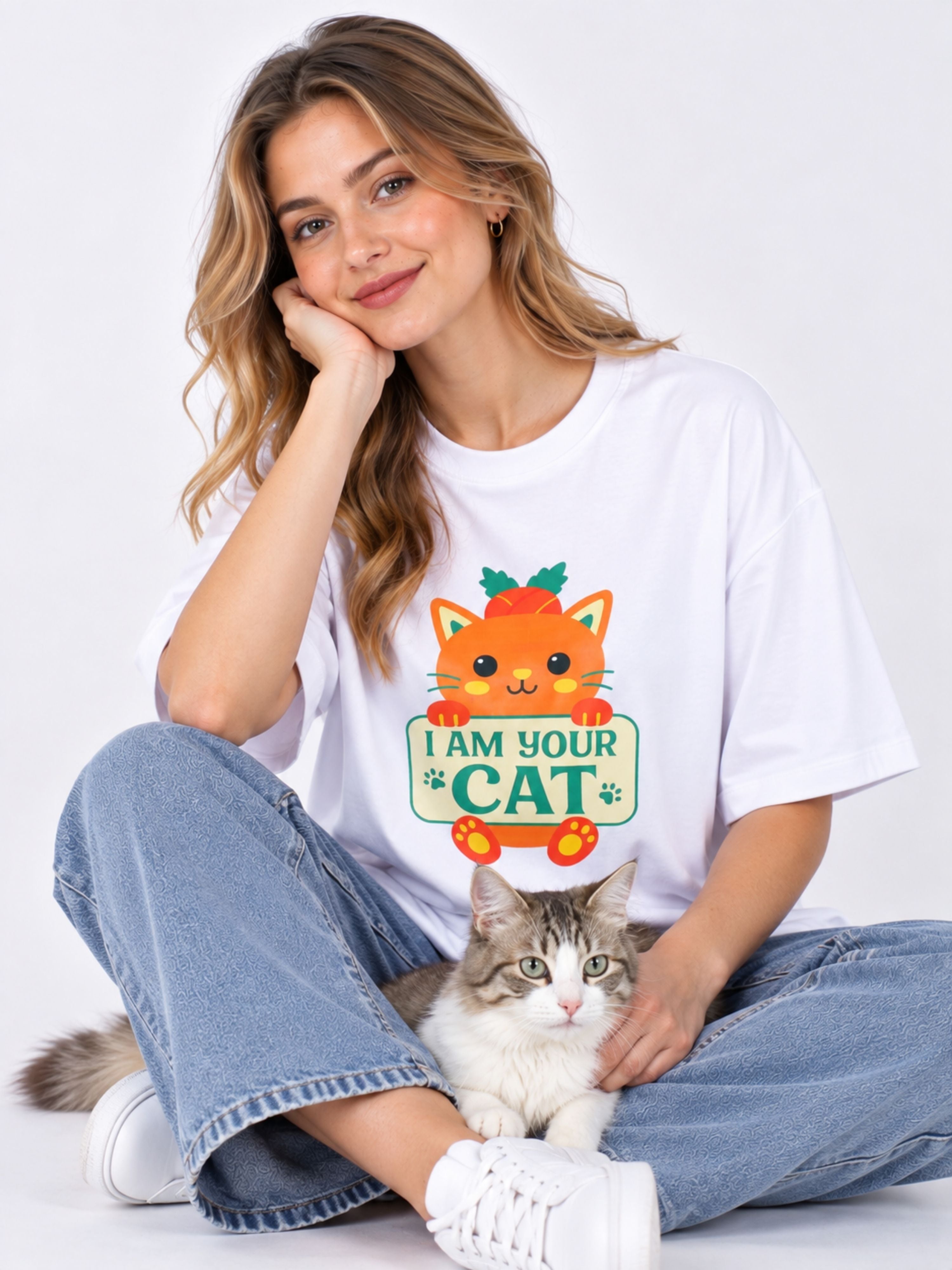 Cat Lovers T-Shirt For Women oversized fit white tee with cute orange cat graphic by Bandar Baant Collections