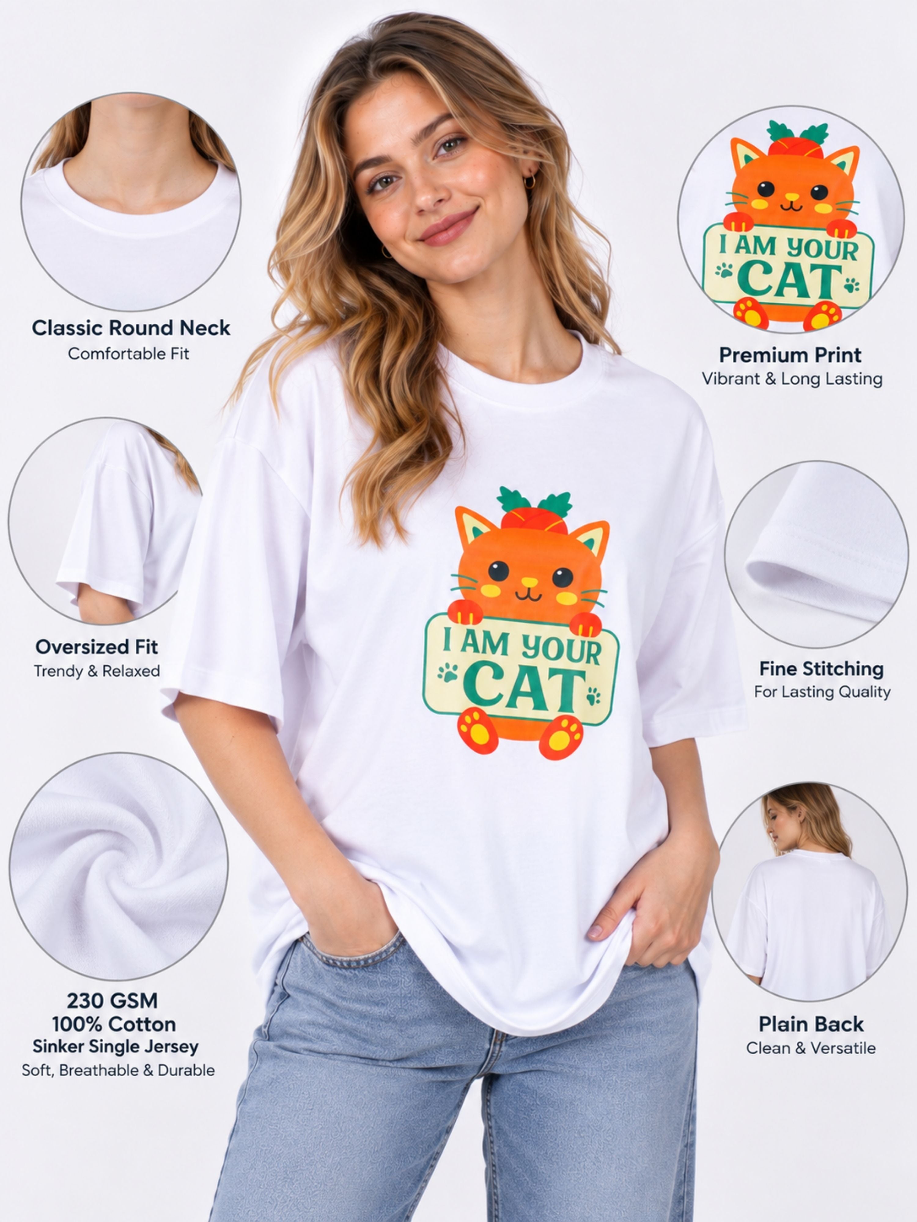 Cat Lovers T-Shirt For Women oversized fit white tee with vibrant cat print and round neck