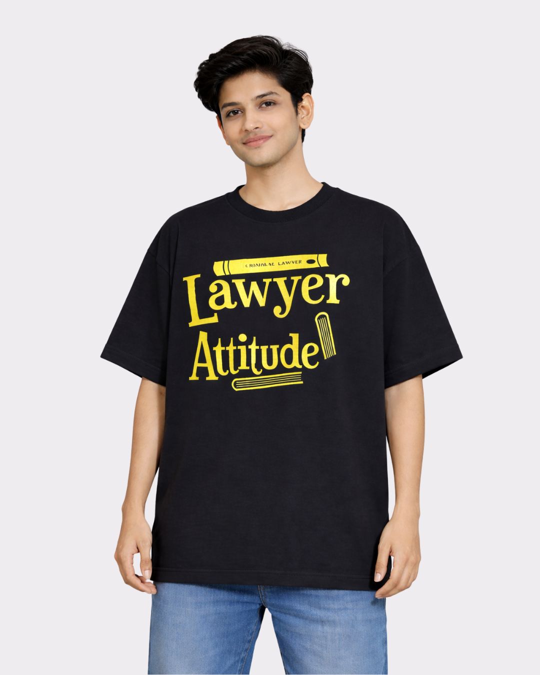 Lawyer Oversized Funky T-Shirt For Men by Bandar Baant Collections black tee with yellow lawyer attitude print