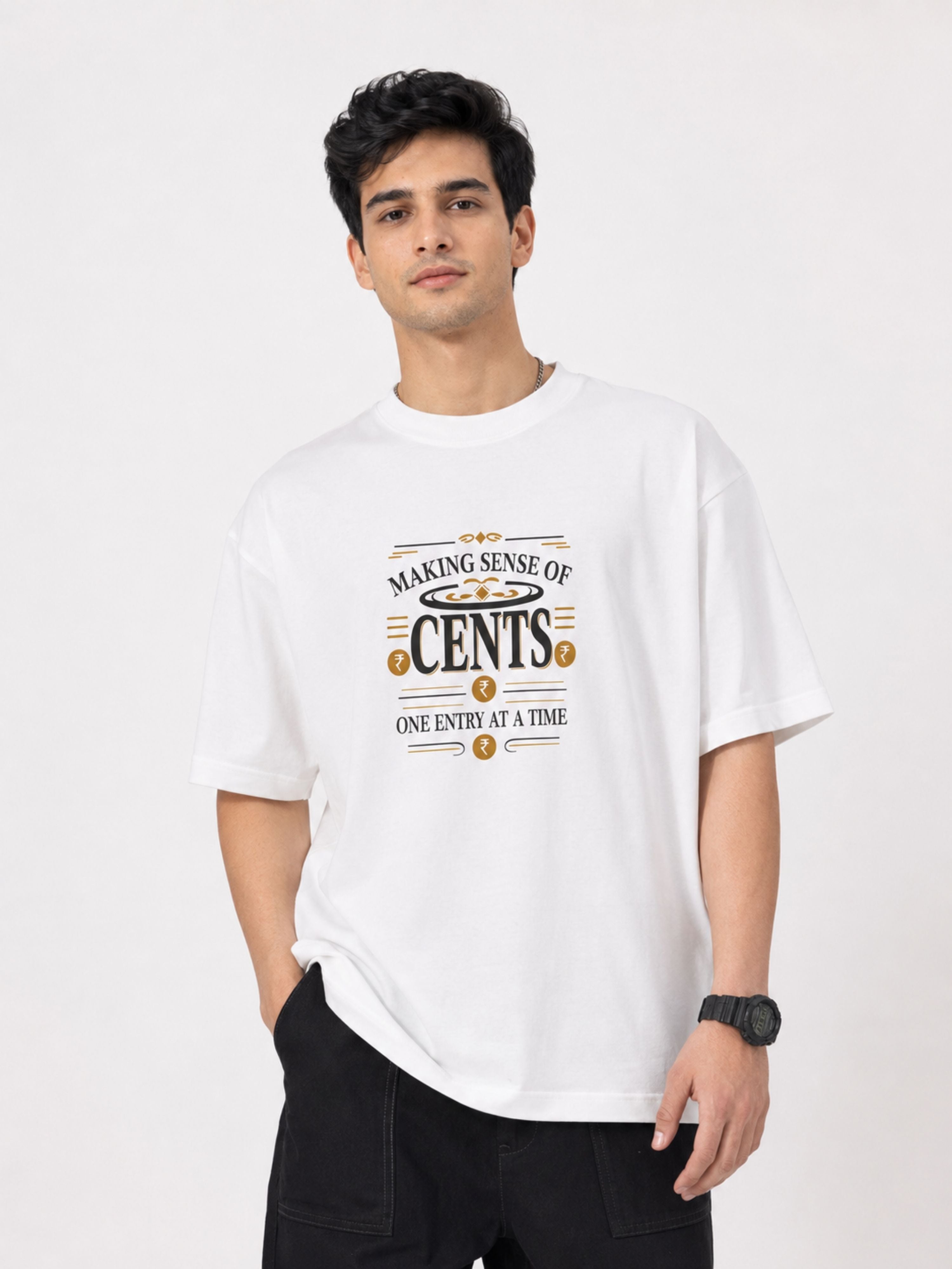 Oversized fit Chartered Accountant CA Tshirt For Men in white with cents graphic print