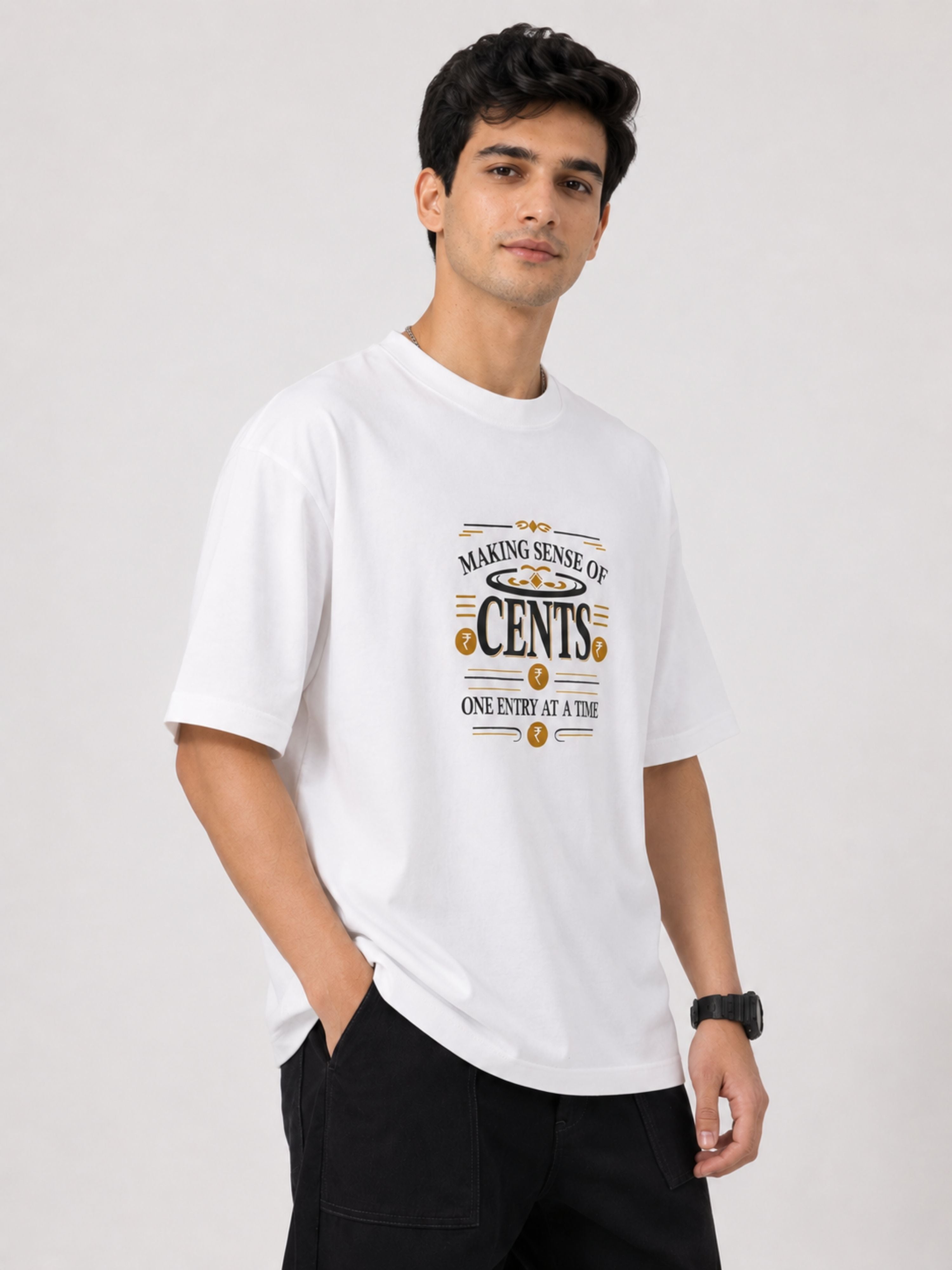 Oversized fit white Chartered Accountant CA Tshirt For Men with cents graphic and text front