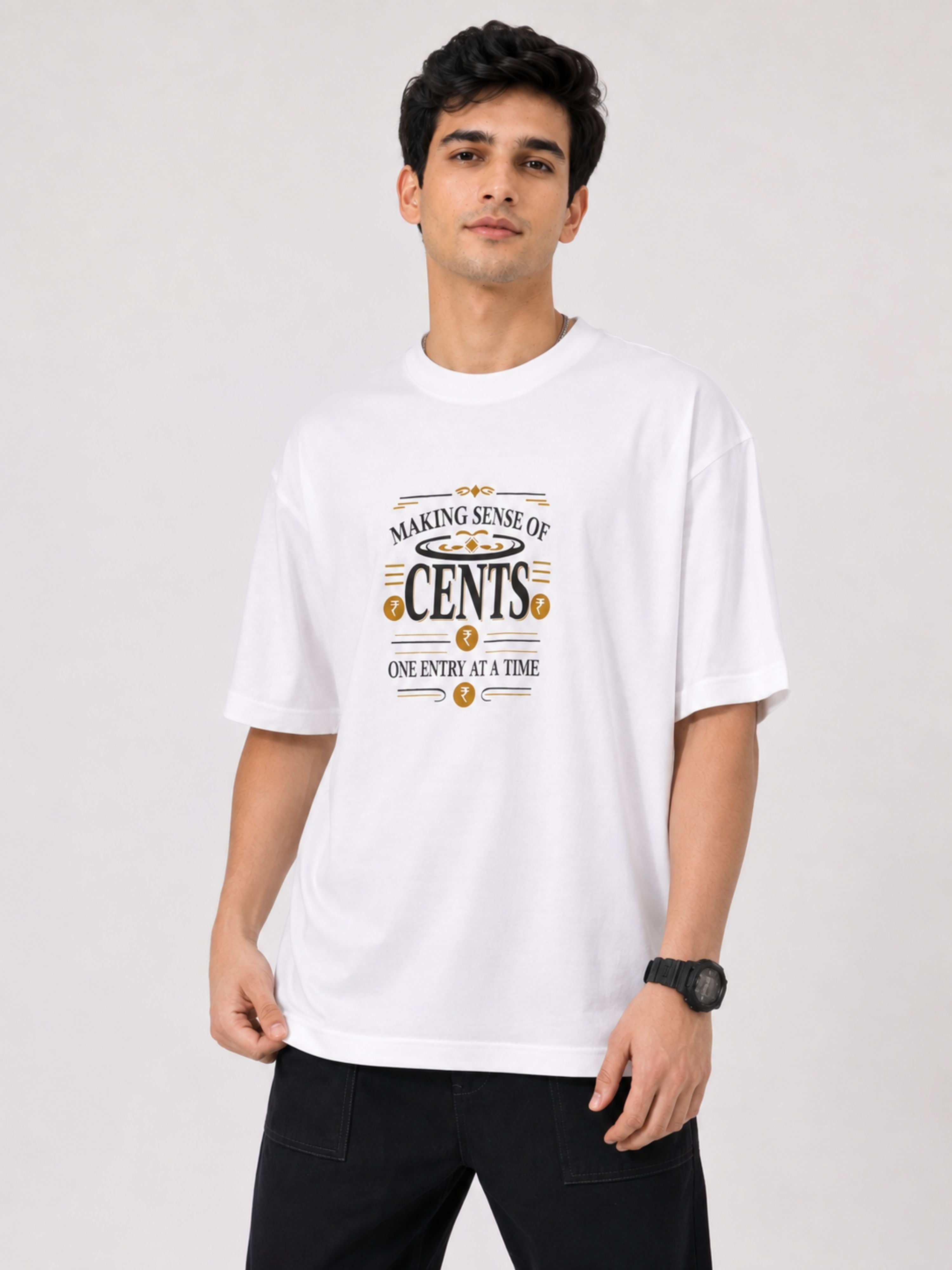 Chartered Accountant CA Tshirt For Men oversized fit white with cents graphic and text design