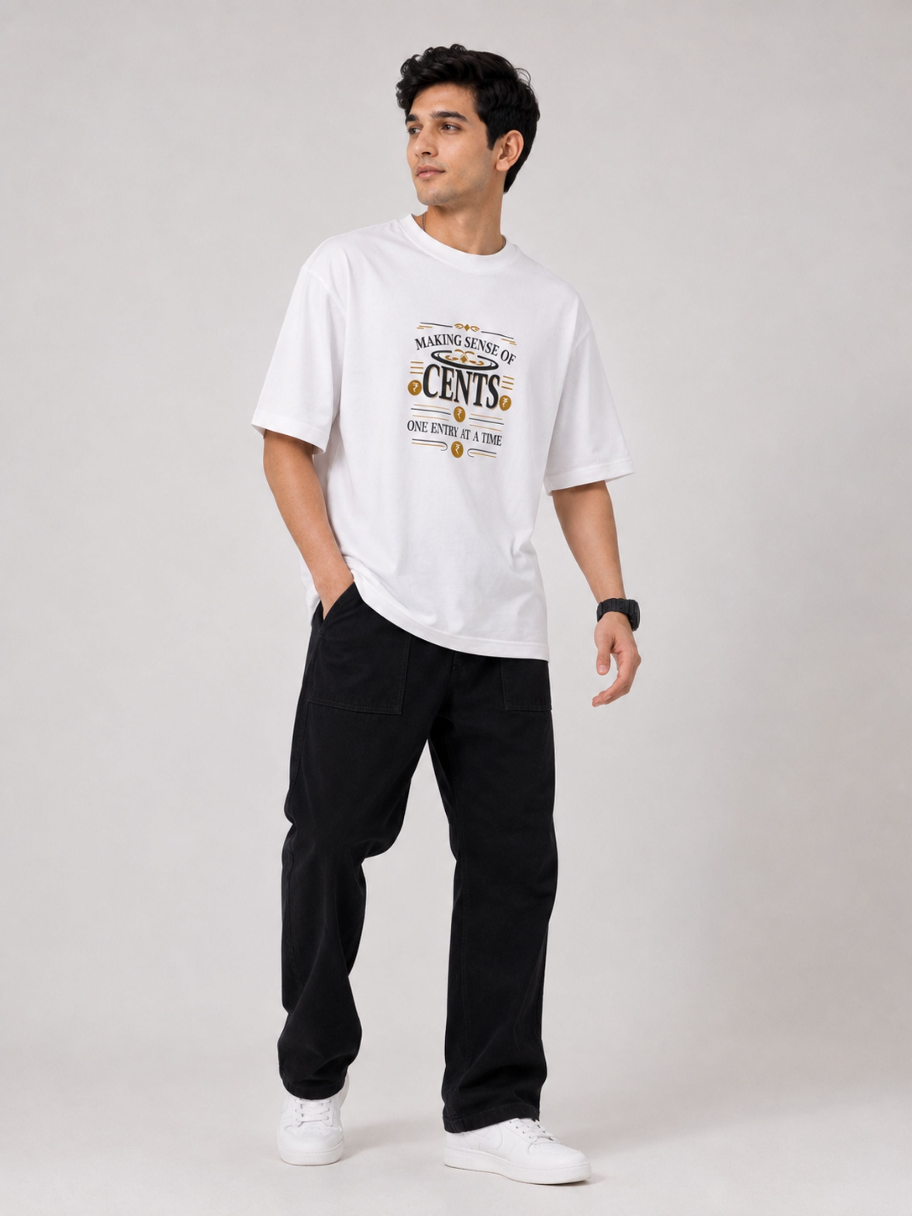 Oversized fit white Chartered Accountant CA Tshirt For Men with graphic text worn by male model