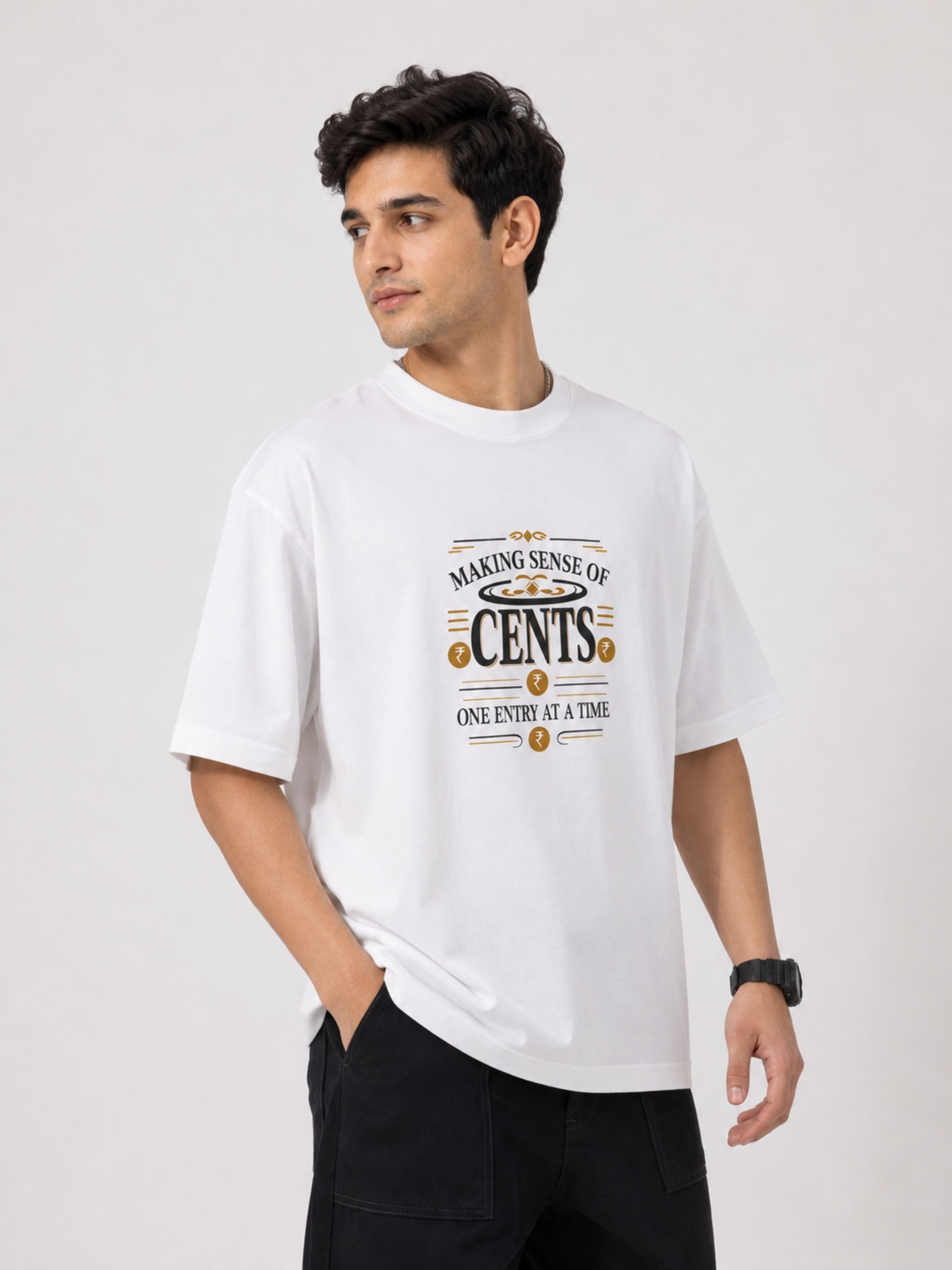 Bandar Baant Collections oversized fit white Chartered Accountant CA Tshirt for men with cents print