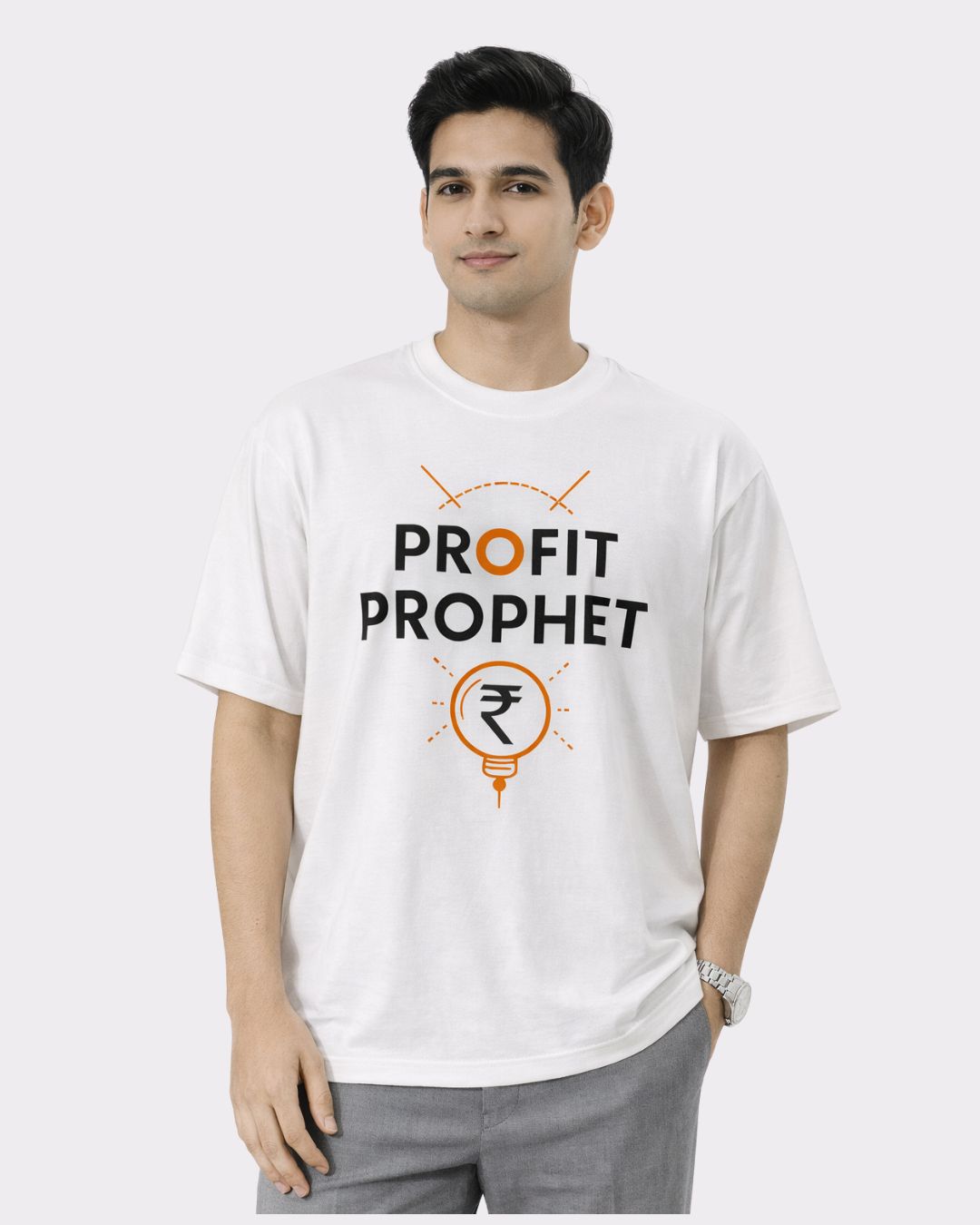 Chartered Accountant Printed T Shirt For Men in oversized fit white with Profit Prophet design