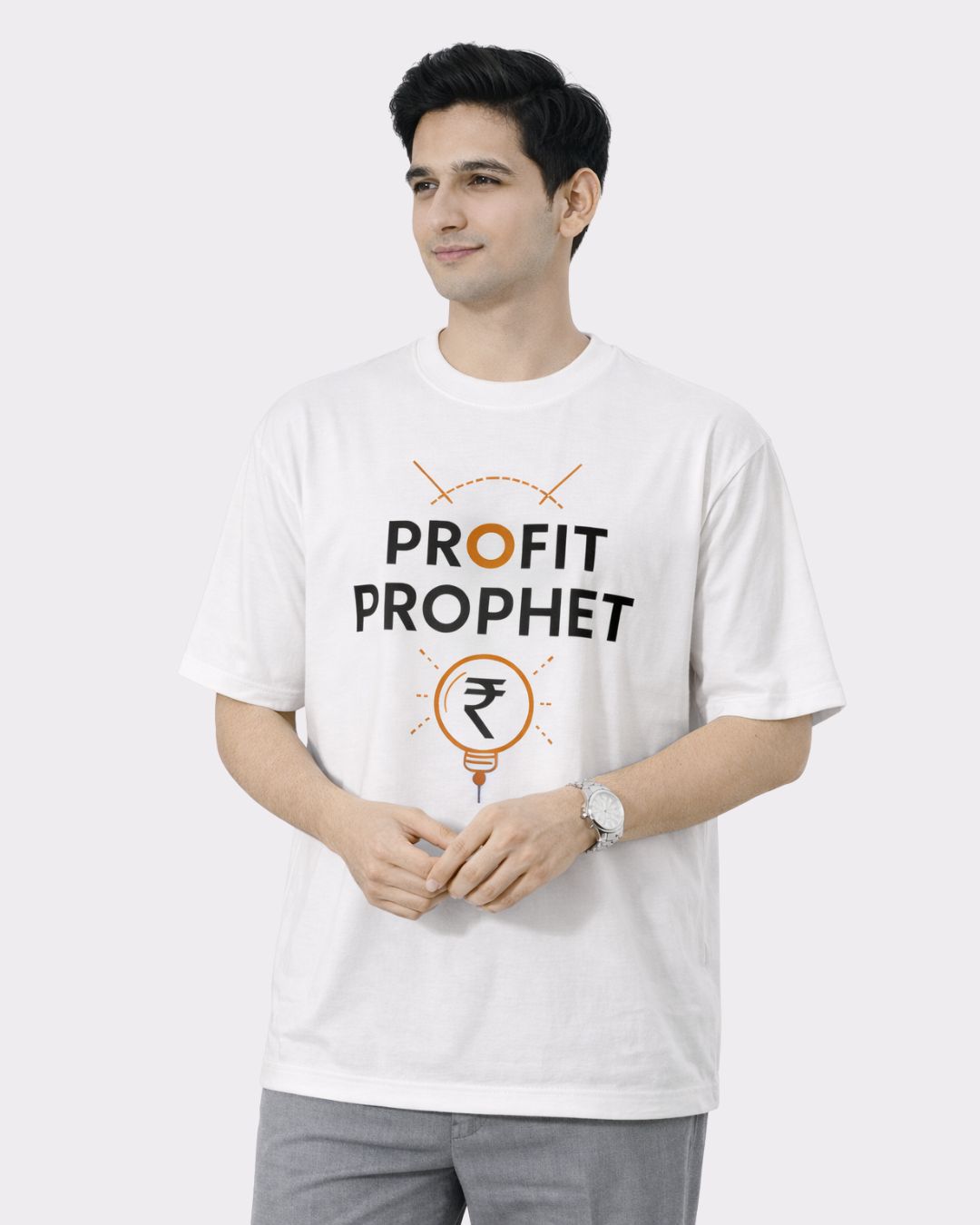 Chartered Accountant Printed T Shirt For Men oversized fit white tshirt with profit prophet text and rupee symbol