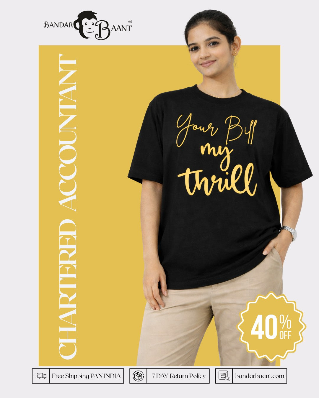 Chartered Accountant Quote T-shirt For Women oversized fit black Tshirt with Your Bill My Thrill print