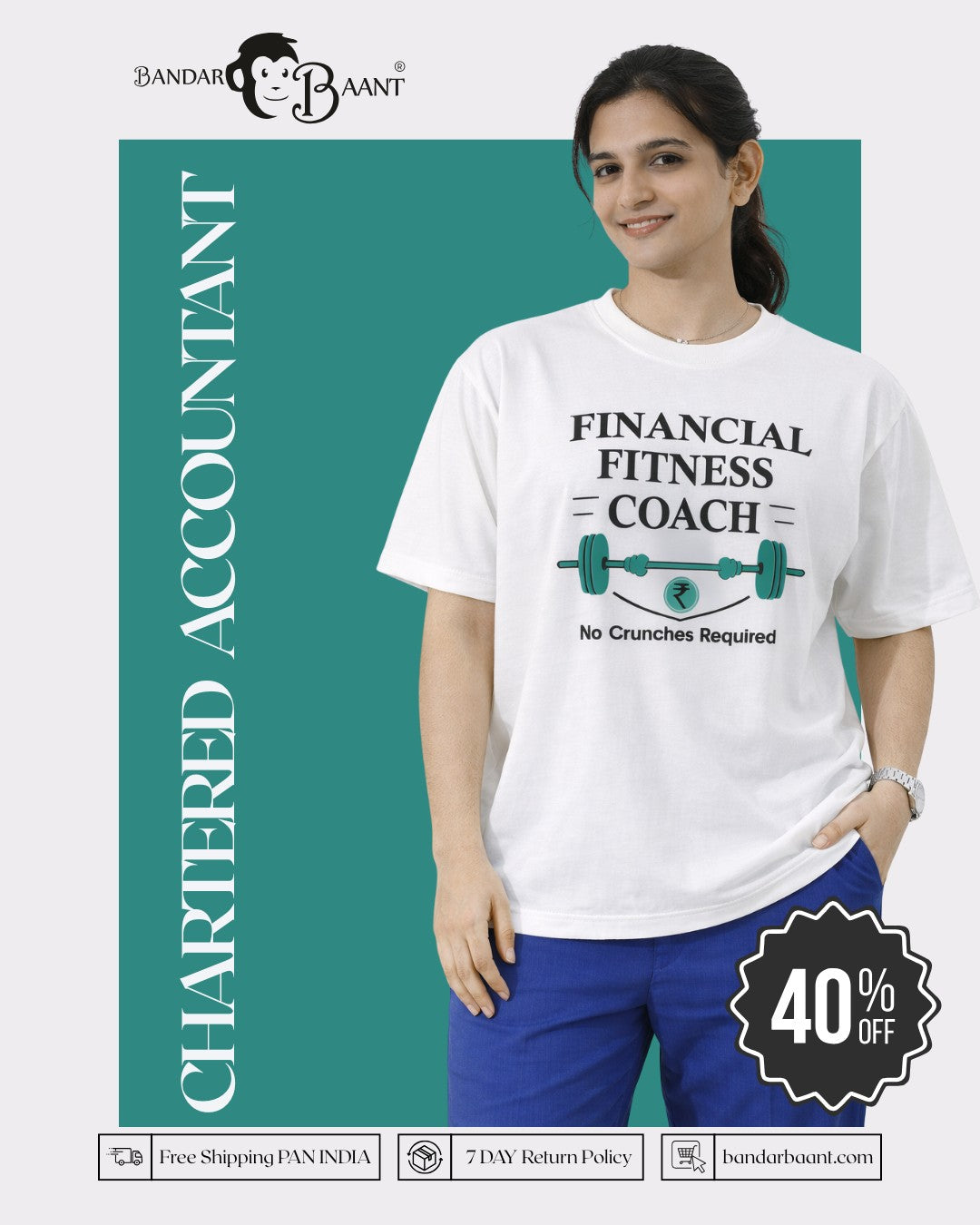 Chartered Accountant T-shirt For Women oversized fit white Tshirt with Financial Fitness Coach print