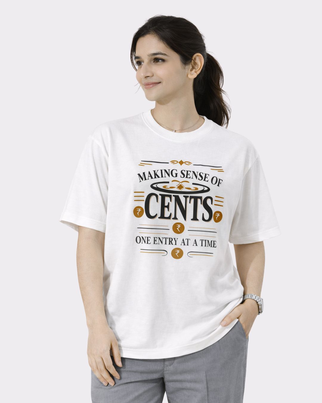 Oversized fit Chartered Accountant T-shirt For Women in white with making sense of cents graphic print