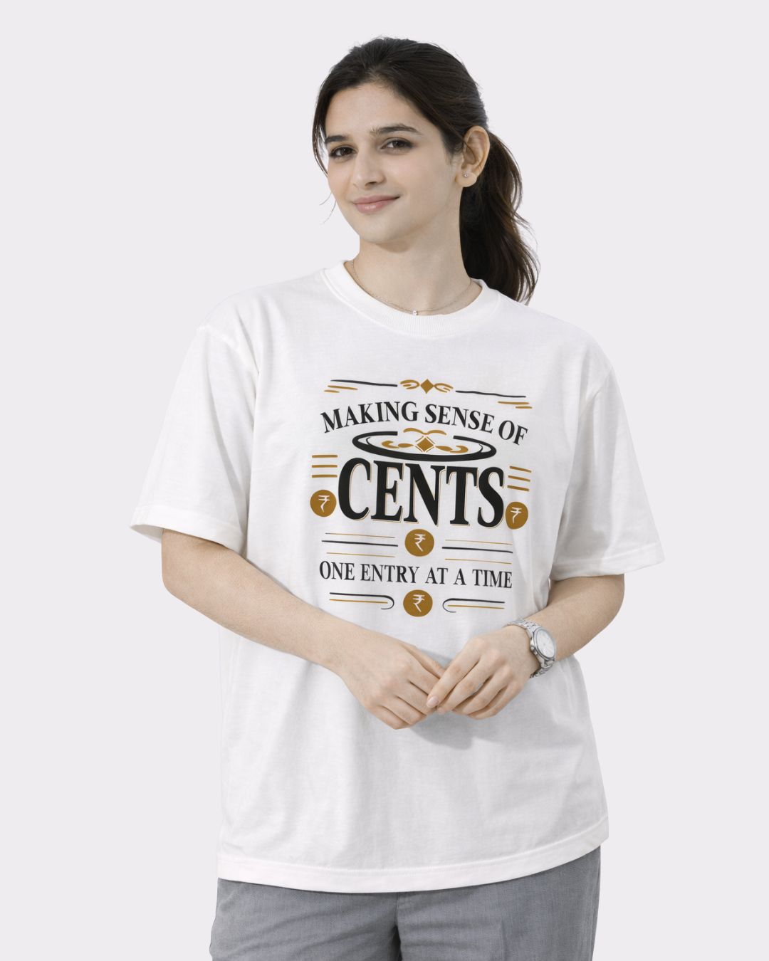Woman wearing oversized fit white Chartered Accountant T-shirt For Women with cents graphic design