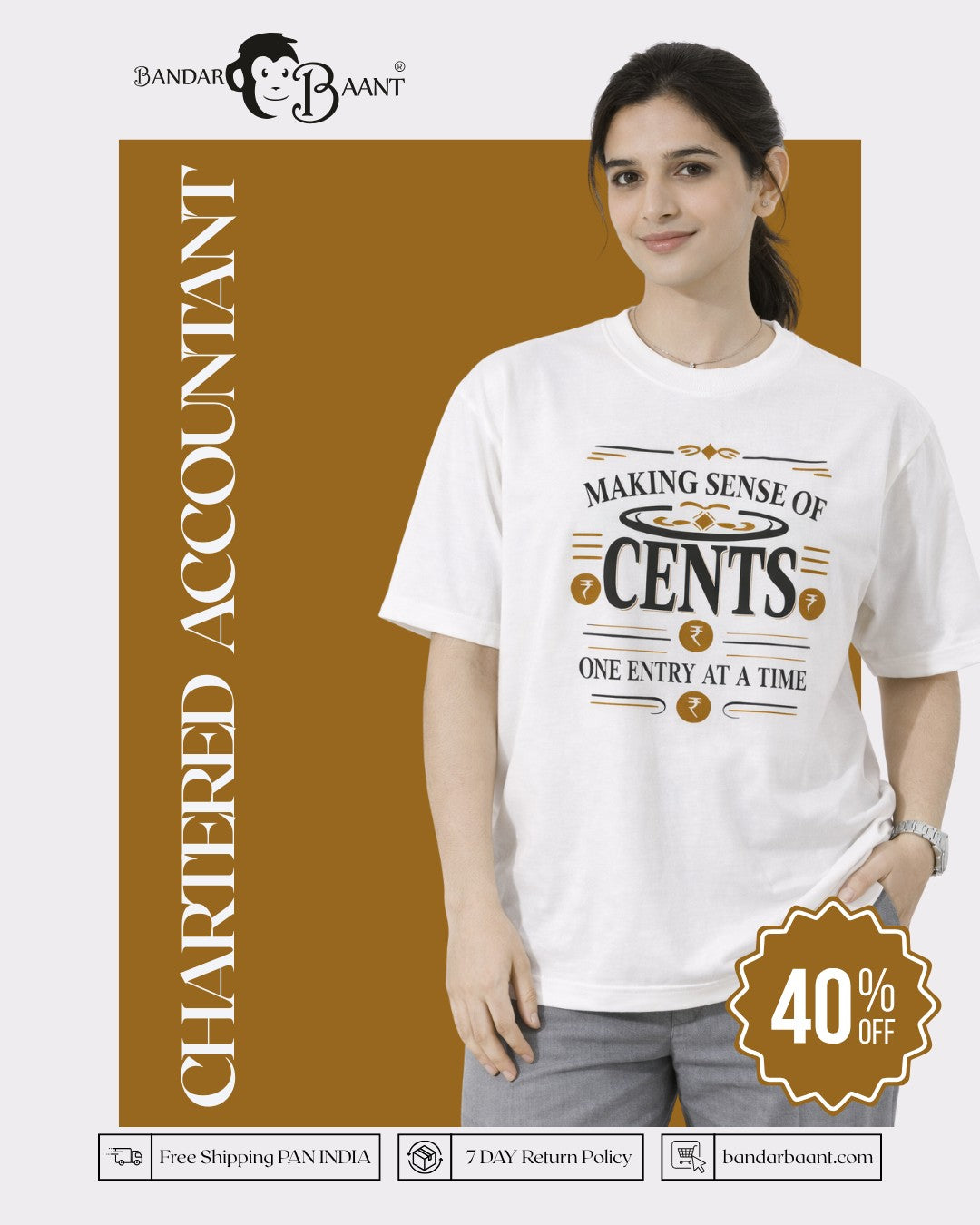 Chartered Accountant T-shirt For Women oversized fit white tee with cents graphic design