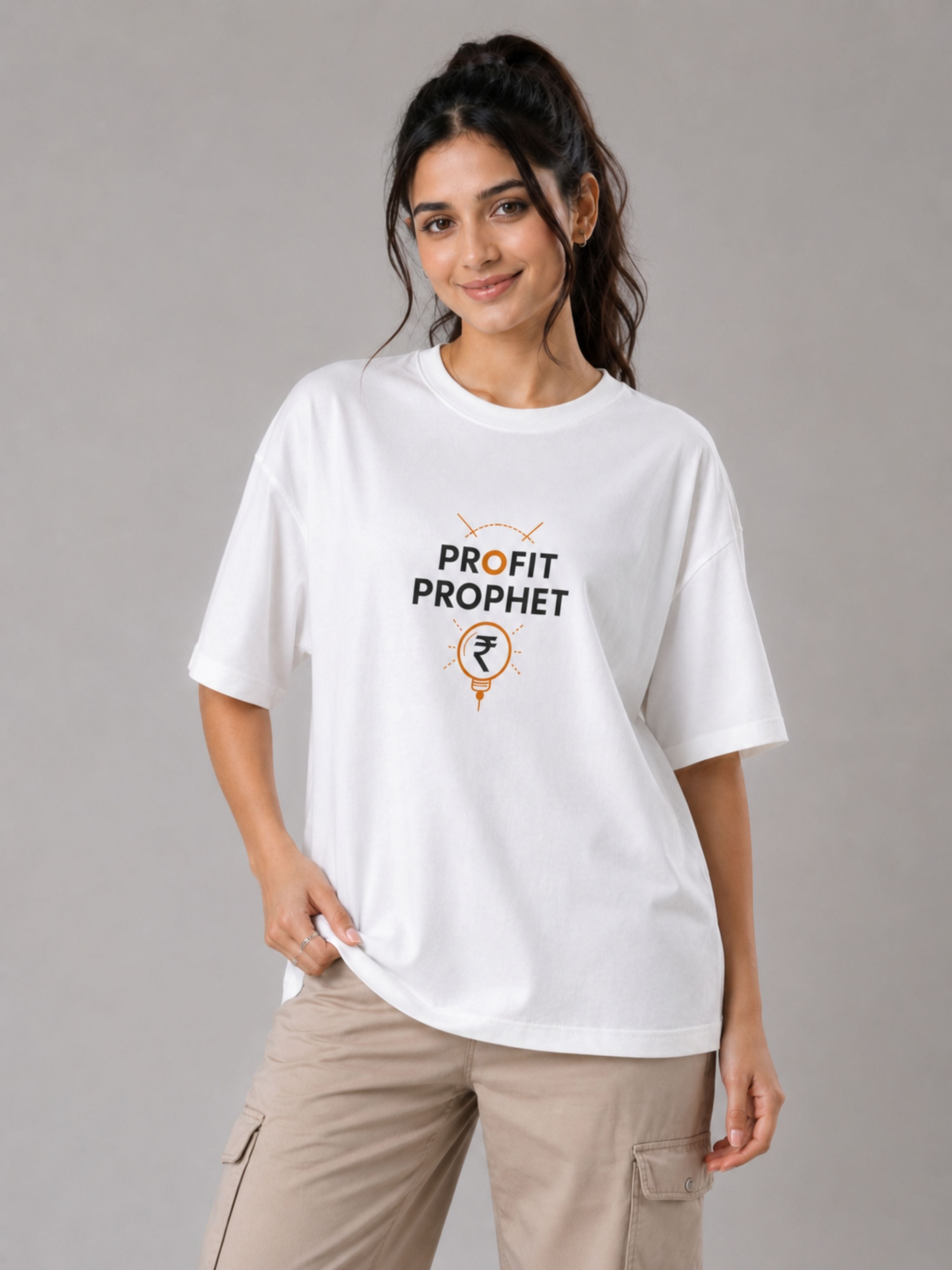 Oversized fit white Chartered Accountant Trendy T-shirt For Women with Profit Prophet text design
