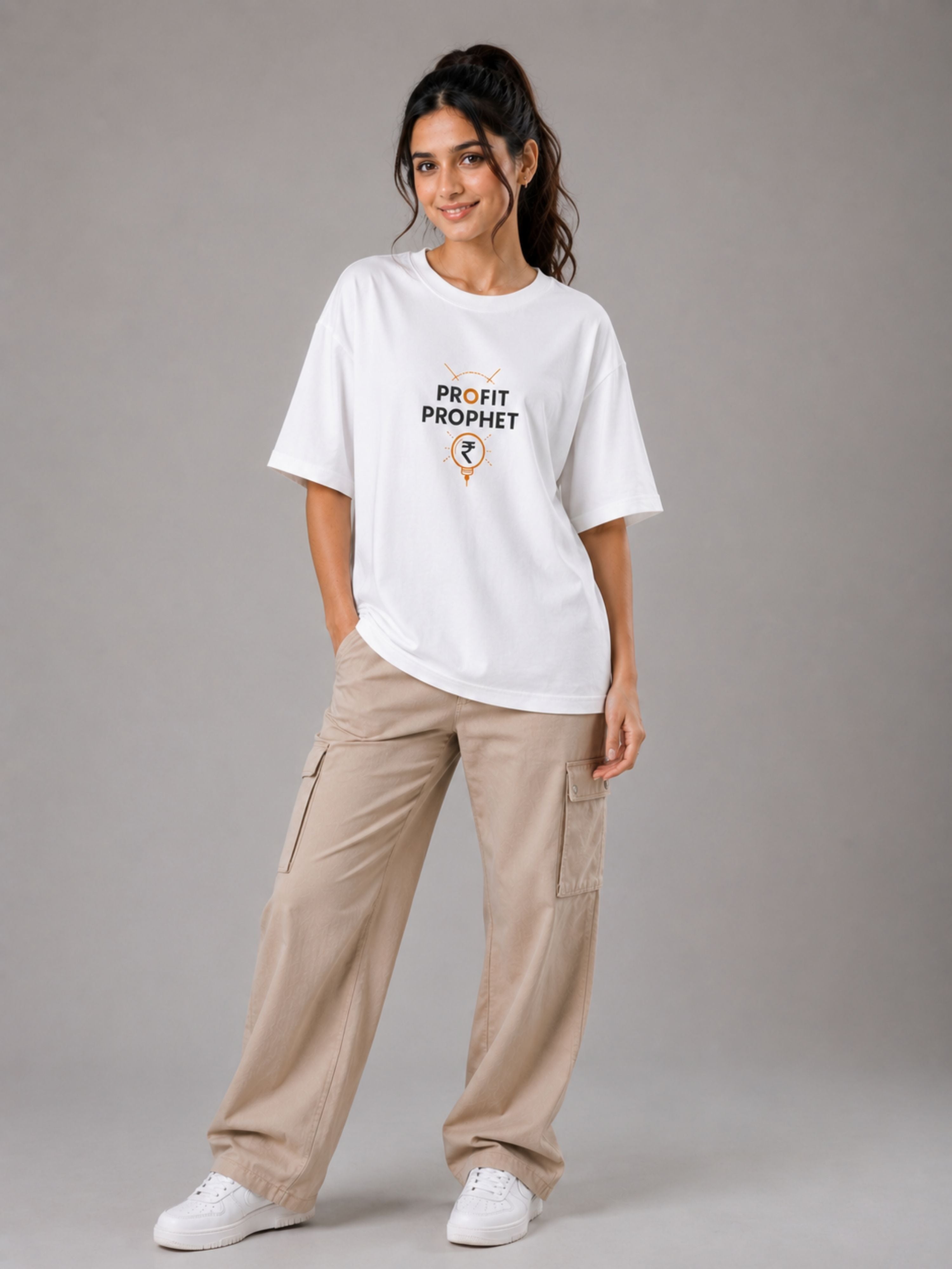 Bandar Baant Collections white oversized fit Chartered Accountant Trendy T-shirt For Women with Profit Prophet print