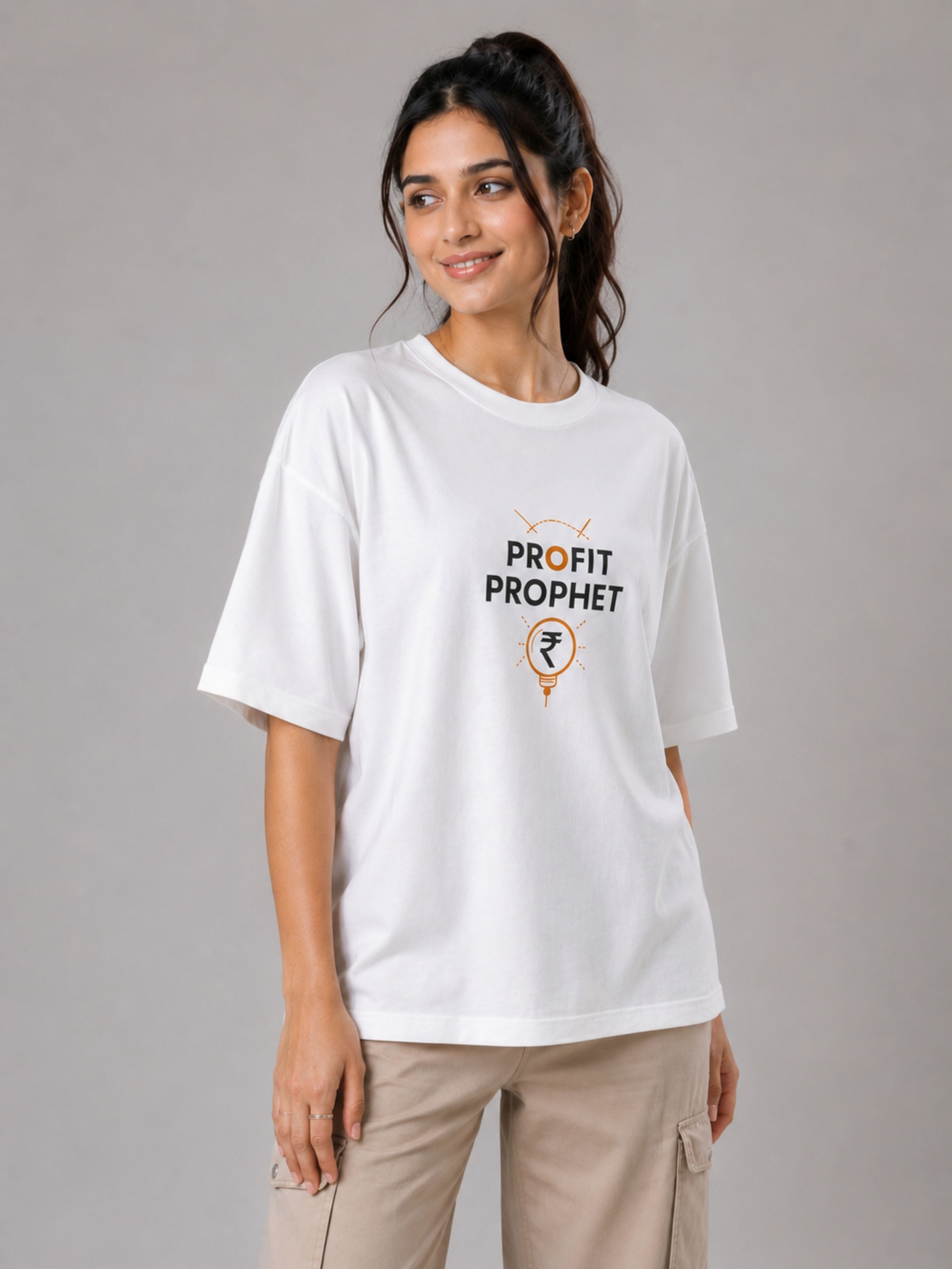 White oversized fit Chartered Accountant Trendy T-shirt For Women with profit prophet print