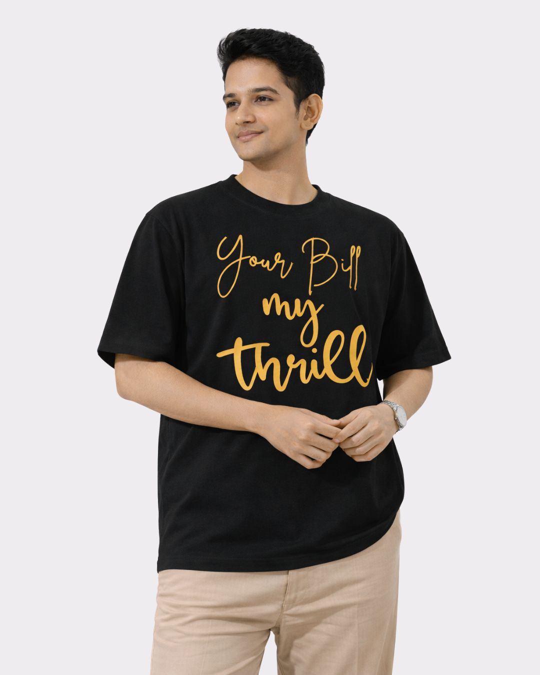 Black oversized fit Tshirt from Bandar Baant Collections with Your Bill My Thrill print Chartered Accountant Trendy Tshirt For Men