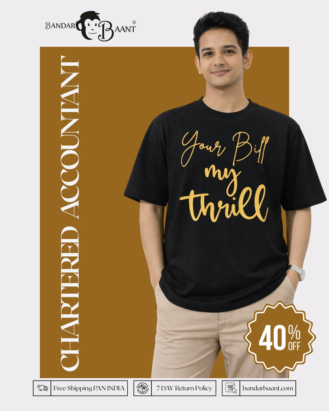 Chartered Accountant Trendy Tshirt For Men oversized fit black t-shirt with Your Bill My Thrill text