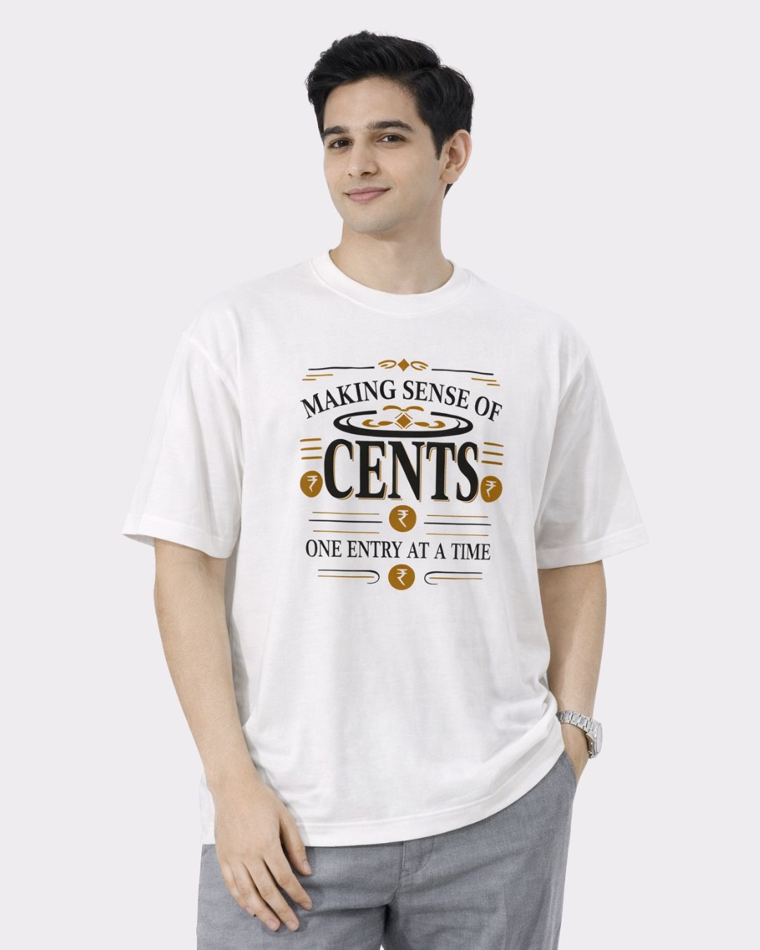 Bandar Baant Collections oversized fit Chartered Accountant Tshirt For Men in white with cents design
