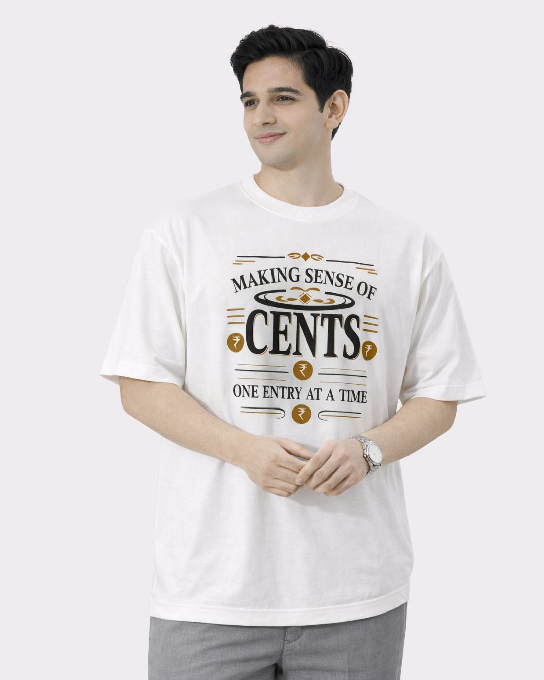 Oversized fit white Chartered Accountant Tshirt For Men with Making Sense of Cents graphic design