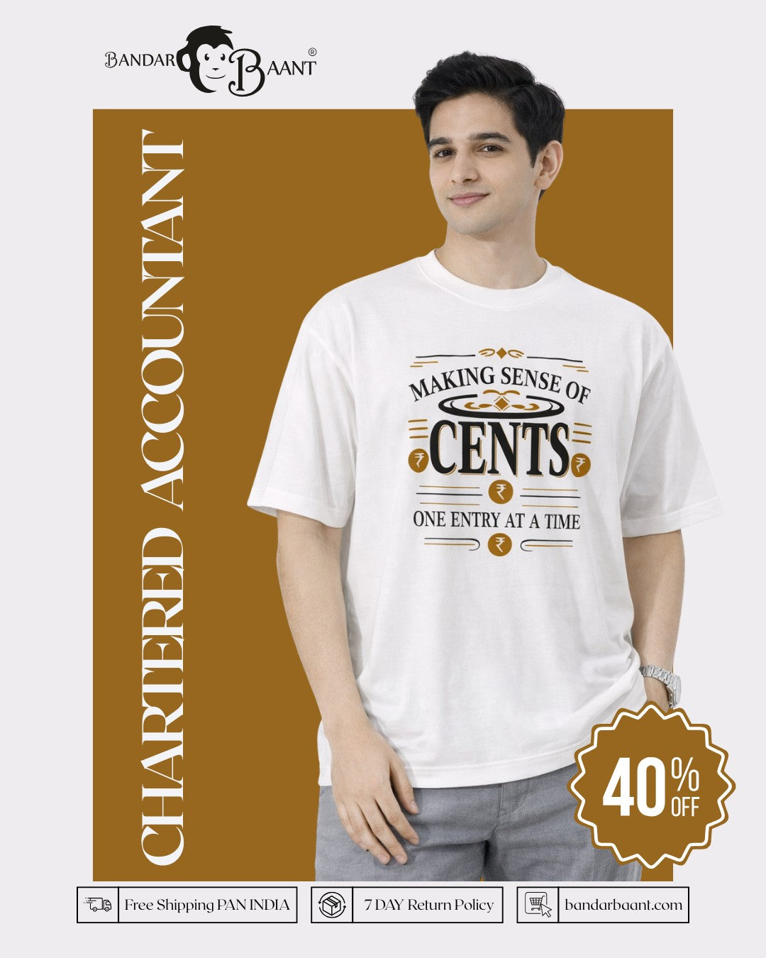 Oversized fit Chartered Accountant Tshirt For Men in white with financial graphic and text design