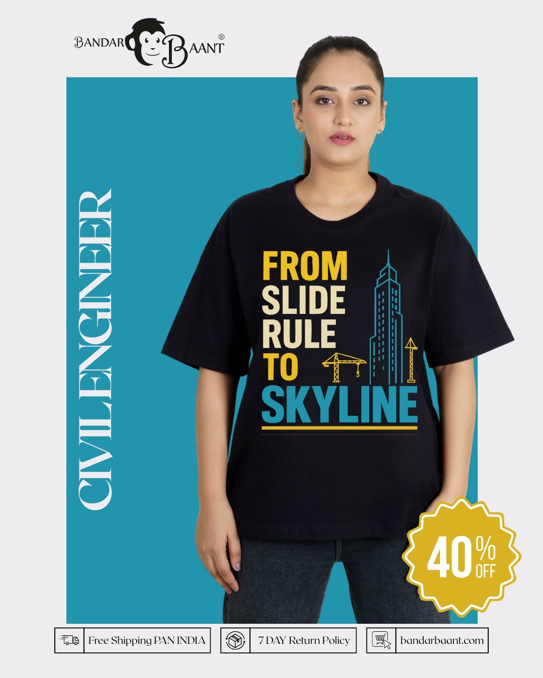Oversized fit Civil Engineer Quote Tshirt For Women in black with construction themed graphic and text