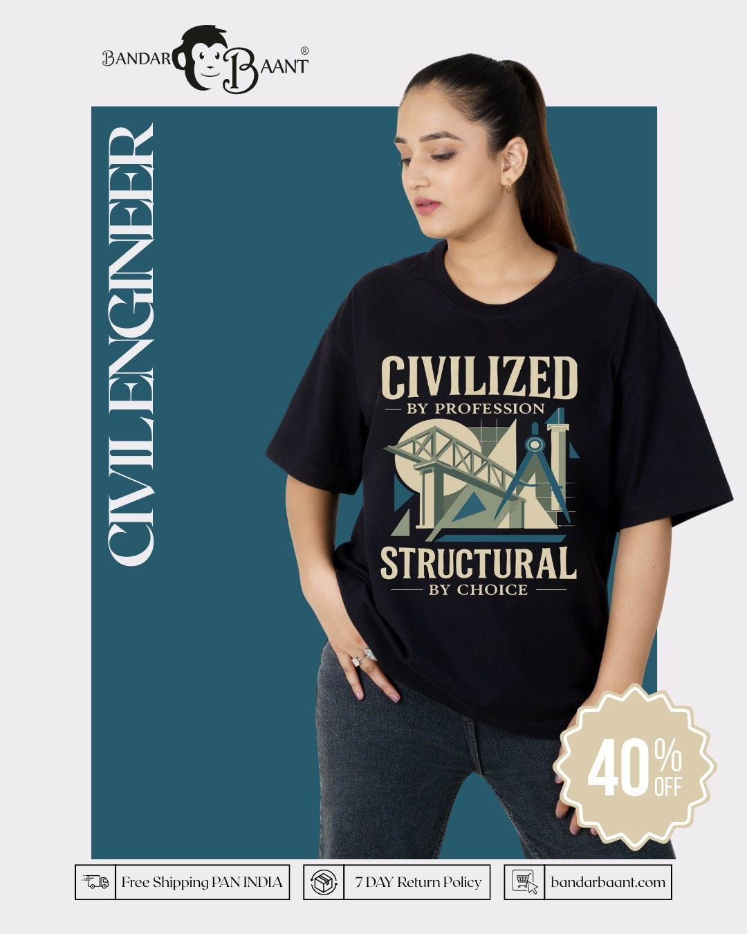 Oversized fit Civil Engineer T Shirt For Women in black with structural design and slogan by Bandar Baant Collections