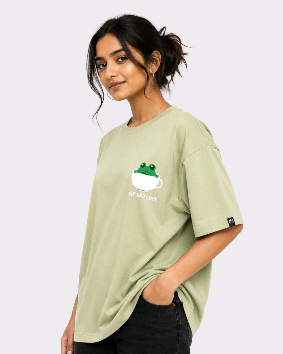 Coffee Lovers Oversized T-Shirt for Women in light green with frog cup design by Bandar Baant Collections