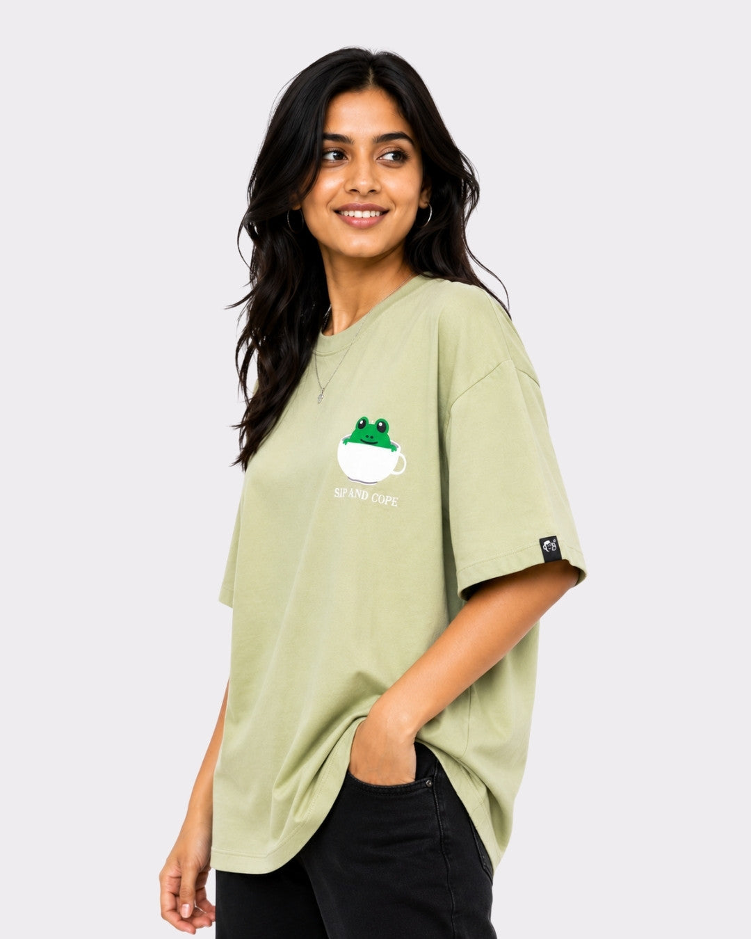 Coffee Lovers Oversized T-Shirt for Women in light green with frog and coffee cup design