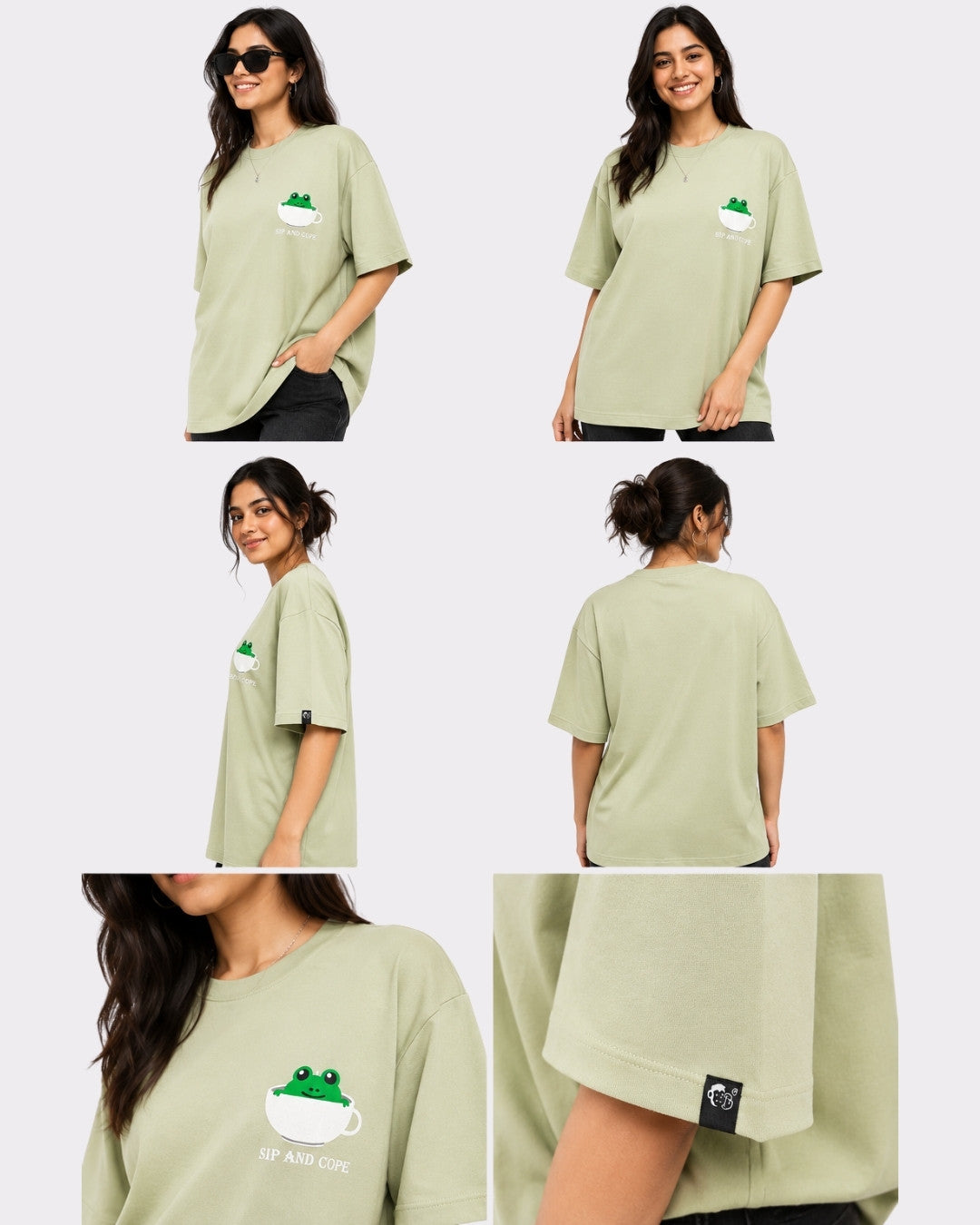 Coffee Lovers Oversized T-Shirt for Women in light green with frog in cup design by Bandar Baant Collections