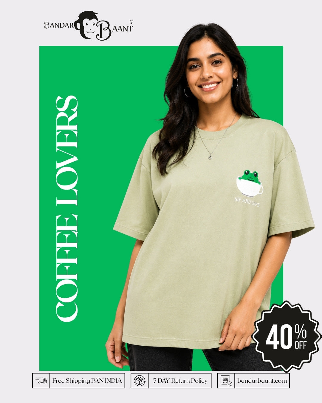 Coffee Lovers Oversized T-Shirt for Women in light olive green with frog coffee cup design
