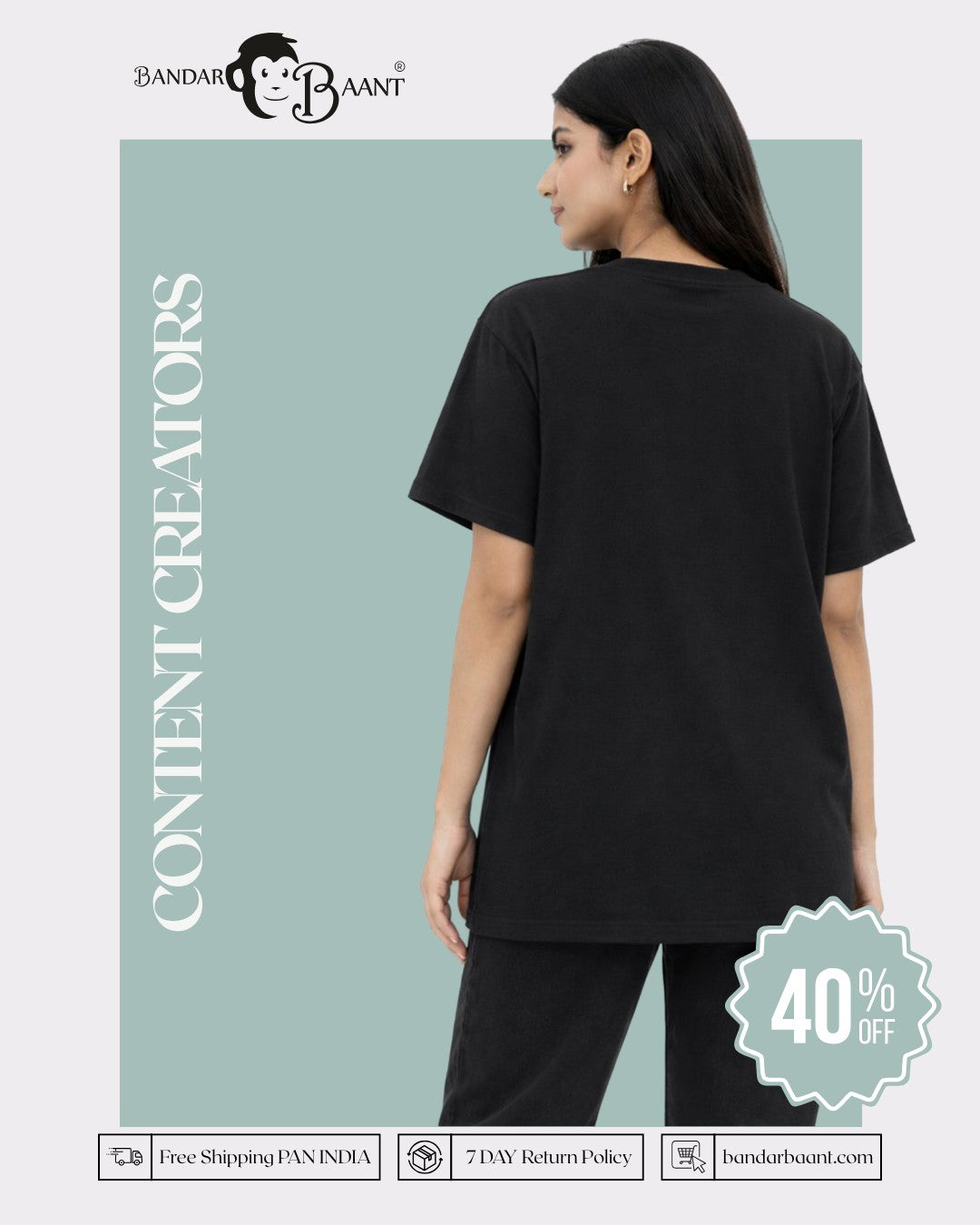 Bandar Baant oversized fit black Content Creator T-Shirt For Women shown from back