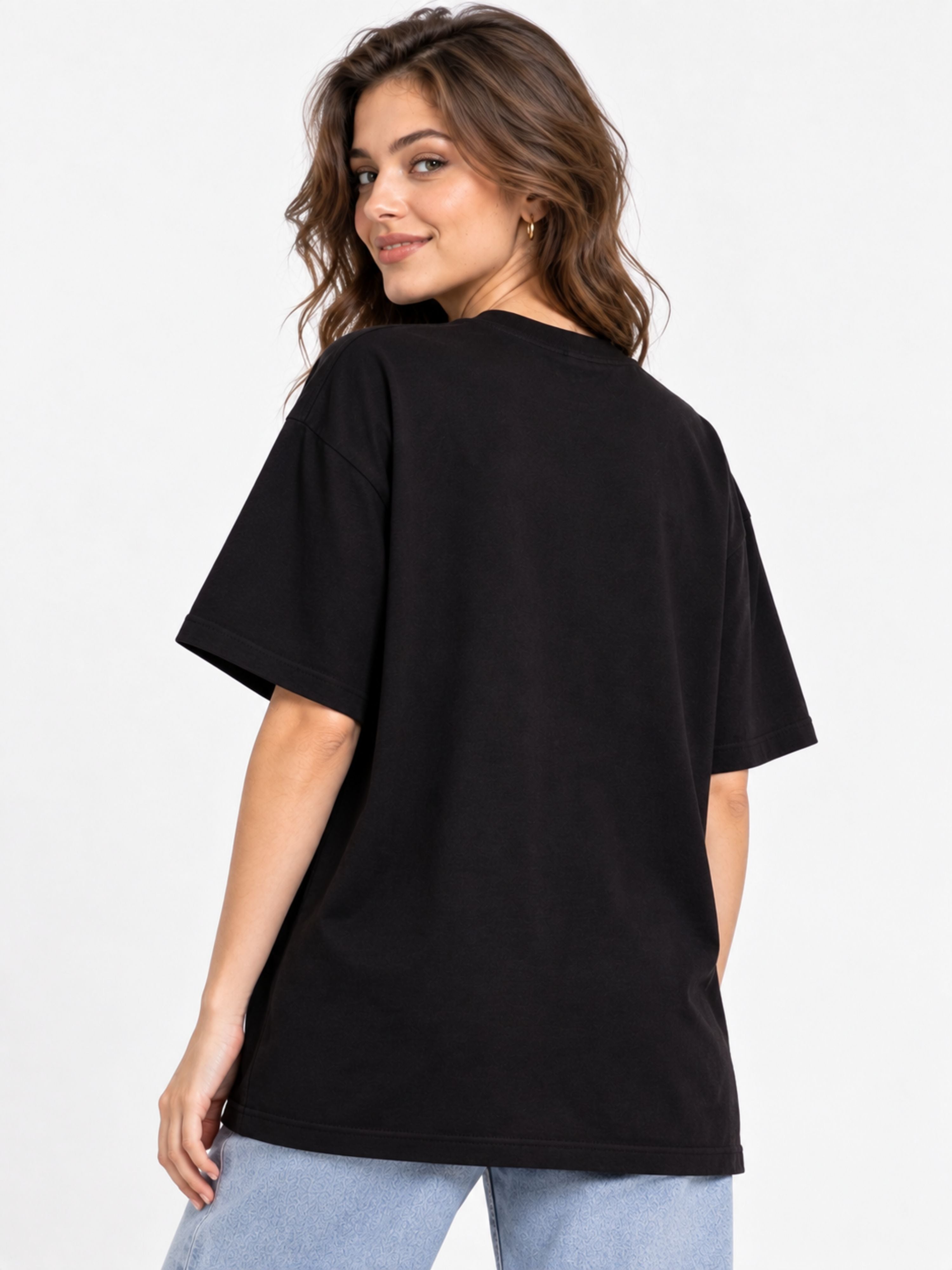Black oversized fit Content Creator T-Shirt For Women by Bandar Baant Collections modeled from back