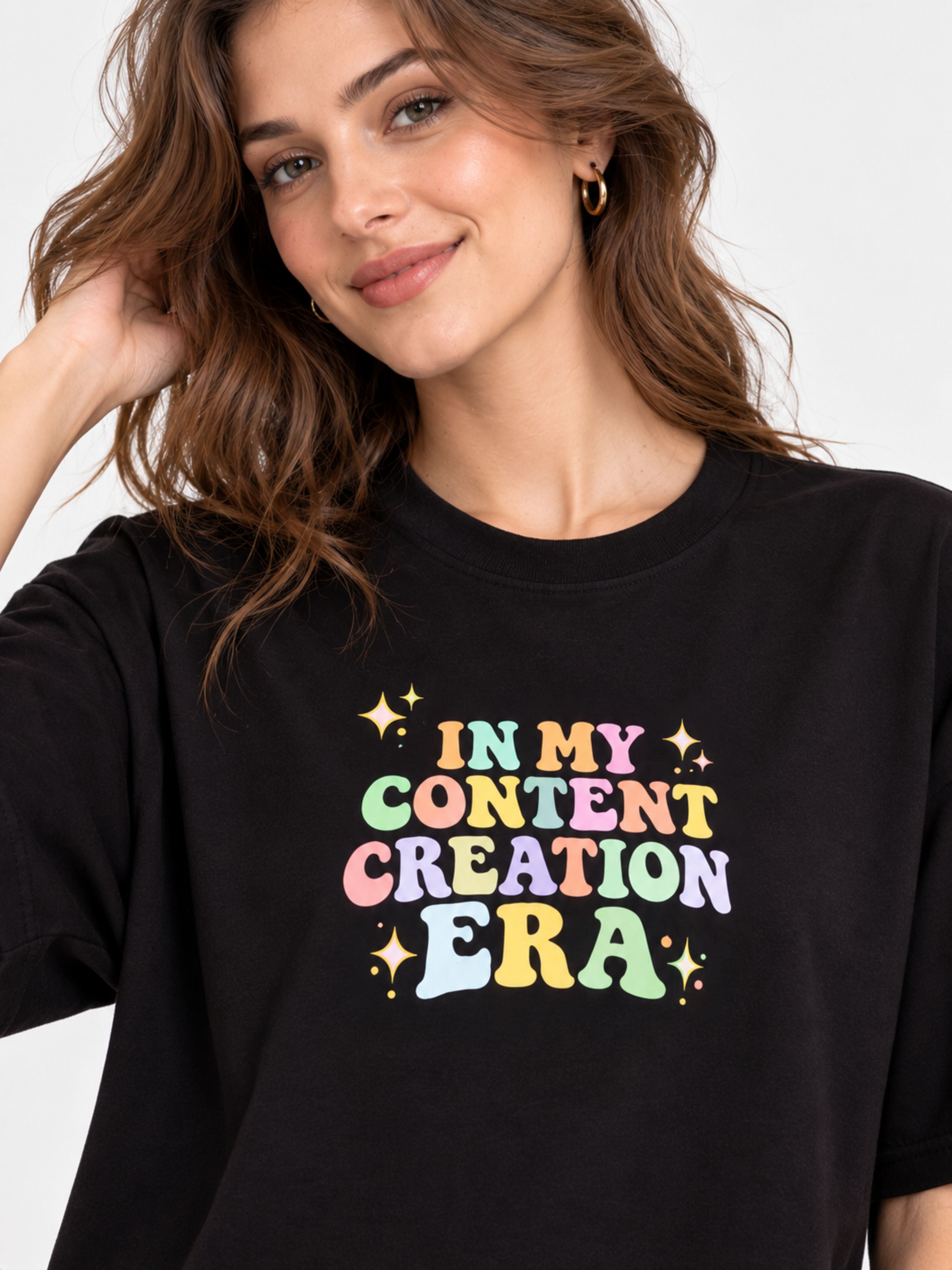 Black oversized fit Content Creator T-Shirt For Women with colorful text design from Bandar Baant Collections