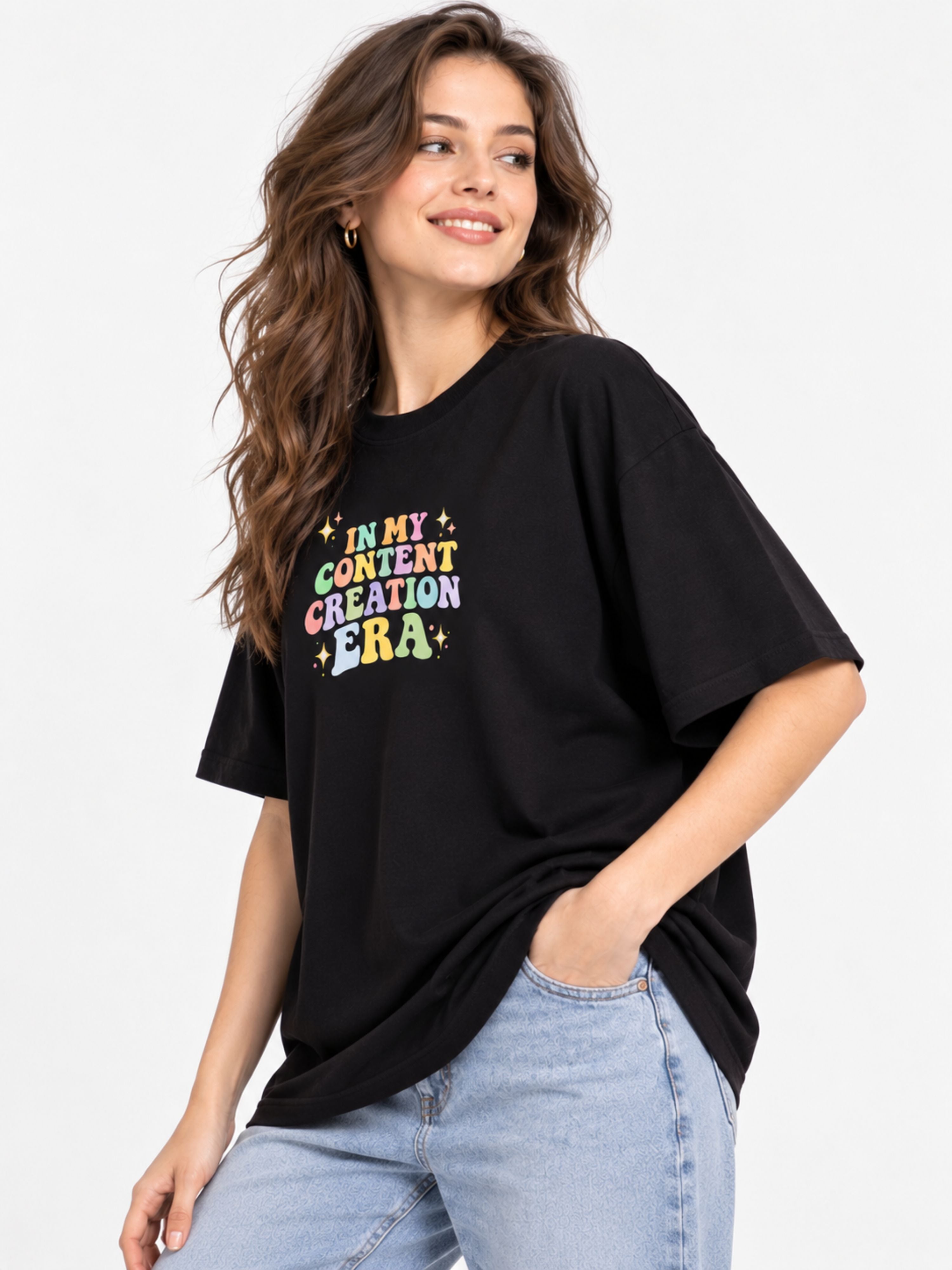 Black oversized Content Creator T-Shirt For Women with colorful text graphic by Bandar Baant Collections